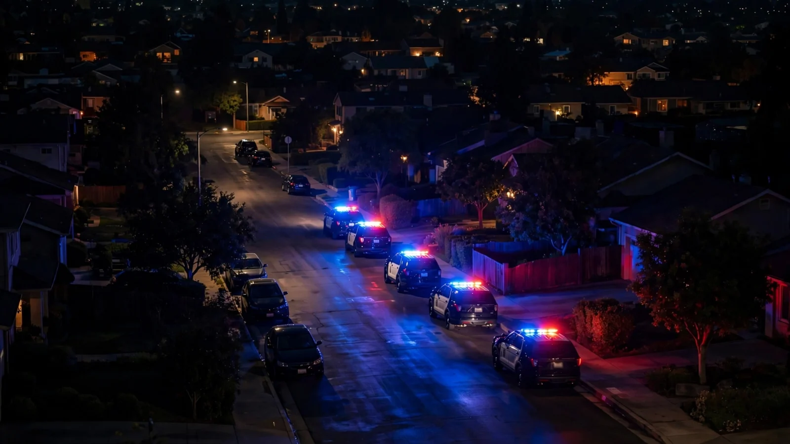 Police vehicles with red and blue lights lit on a residential street at night