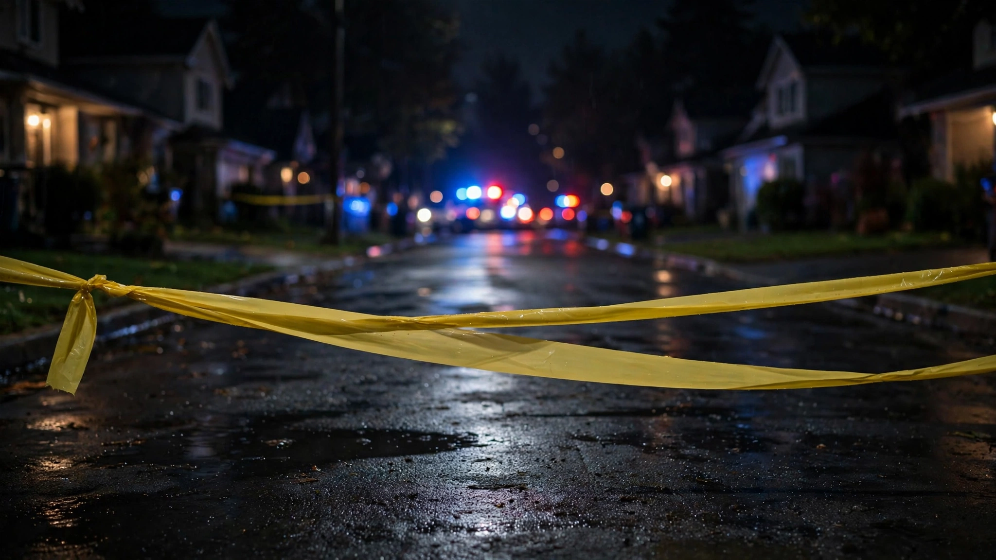 Yellow police tape stretched across a wet street at night with emergency lights in the distance