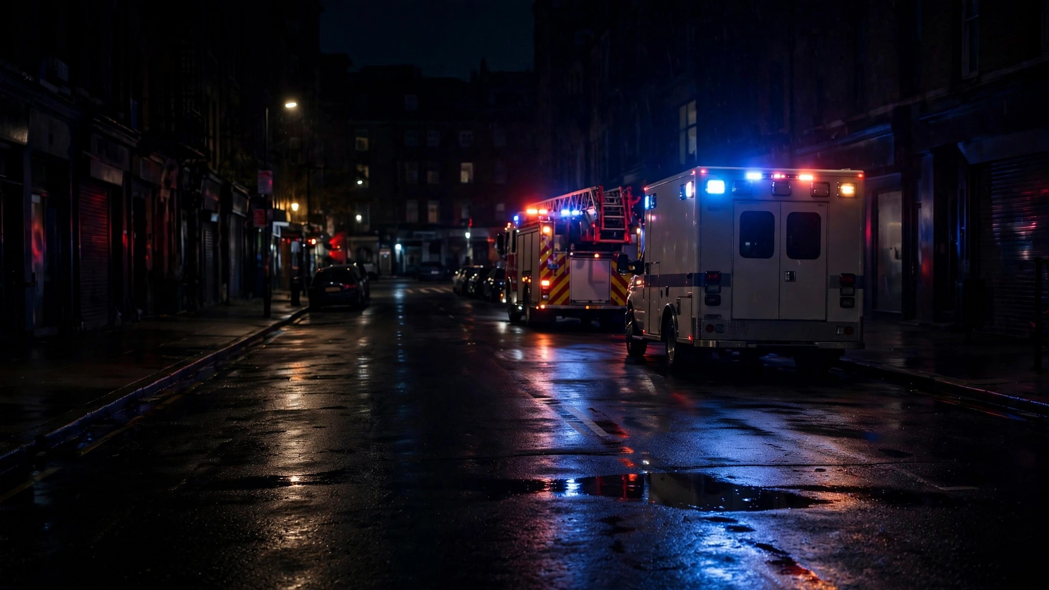 An ambulance and a fire truck with lights on parked on a wet street at night