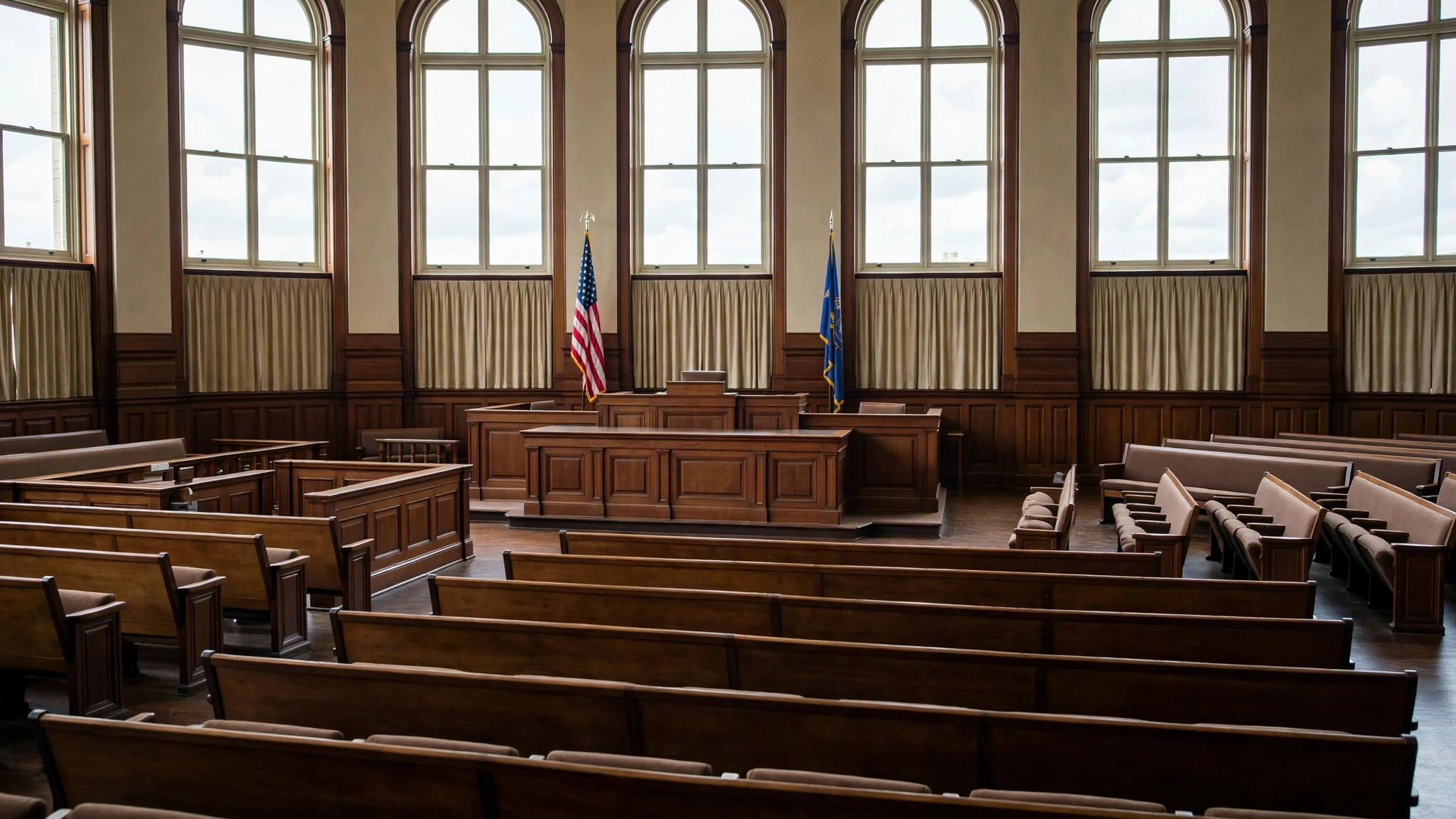 An empty courtroom with wooden benches, a judge's bench, and American and state flags