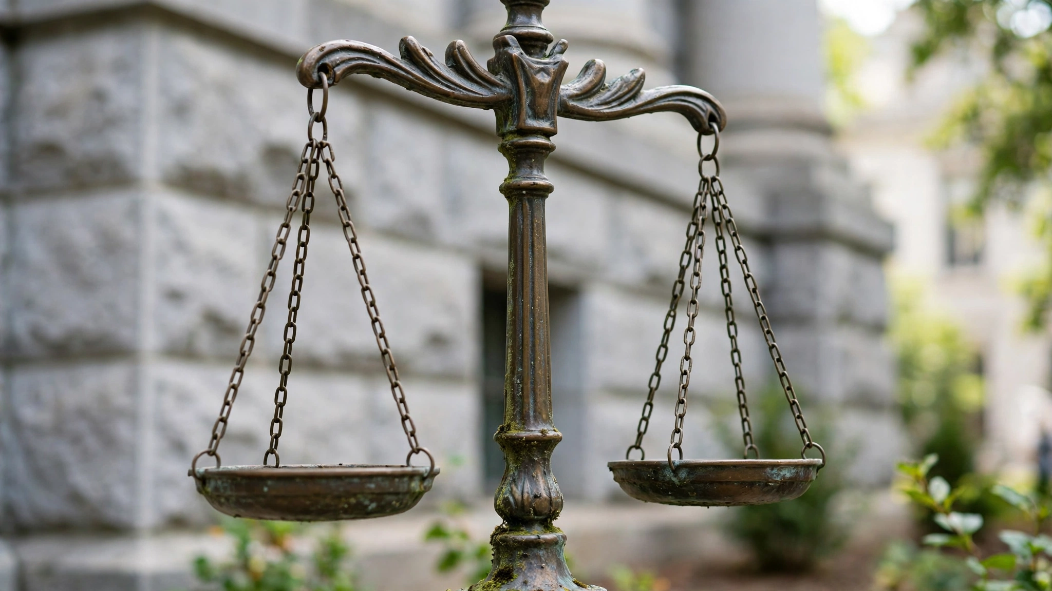 A bronze scales of justice statue in front of a stone courthouse wall