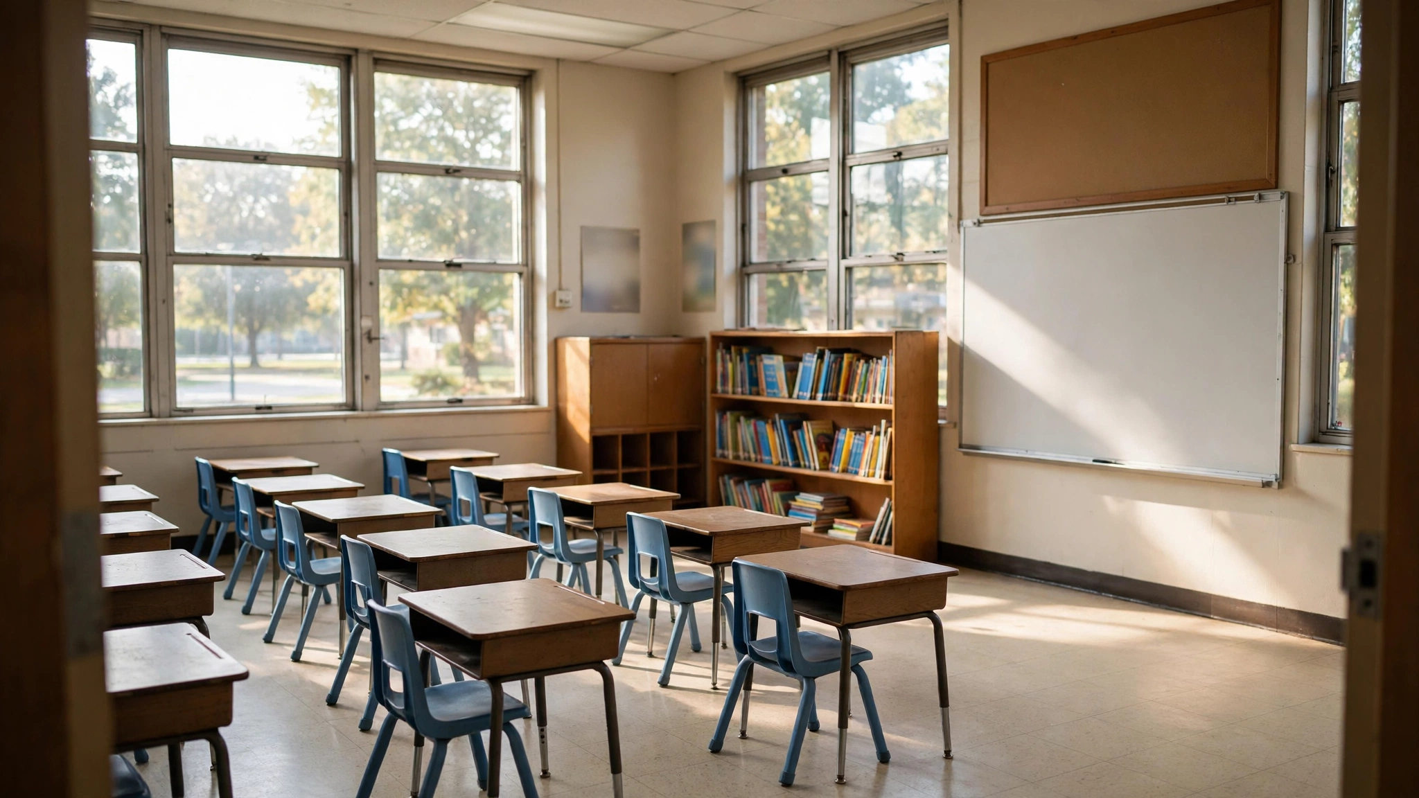 An empty elementary school classroom with small desks, blue chairs, a bookshelf, and a whiteboard