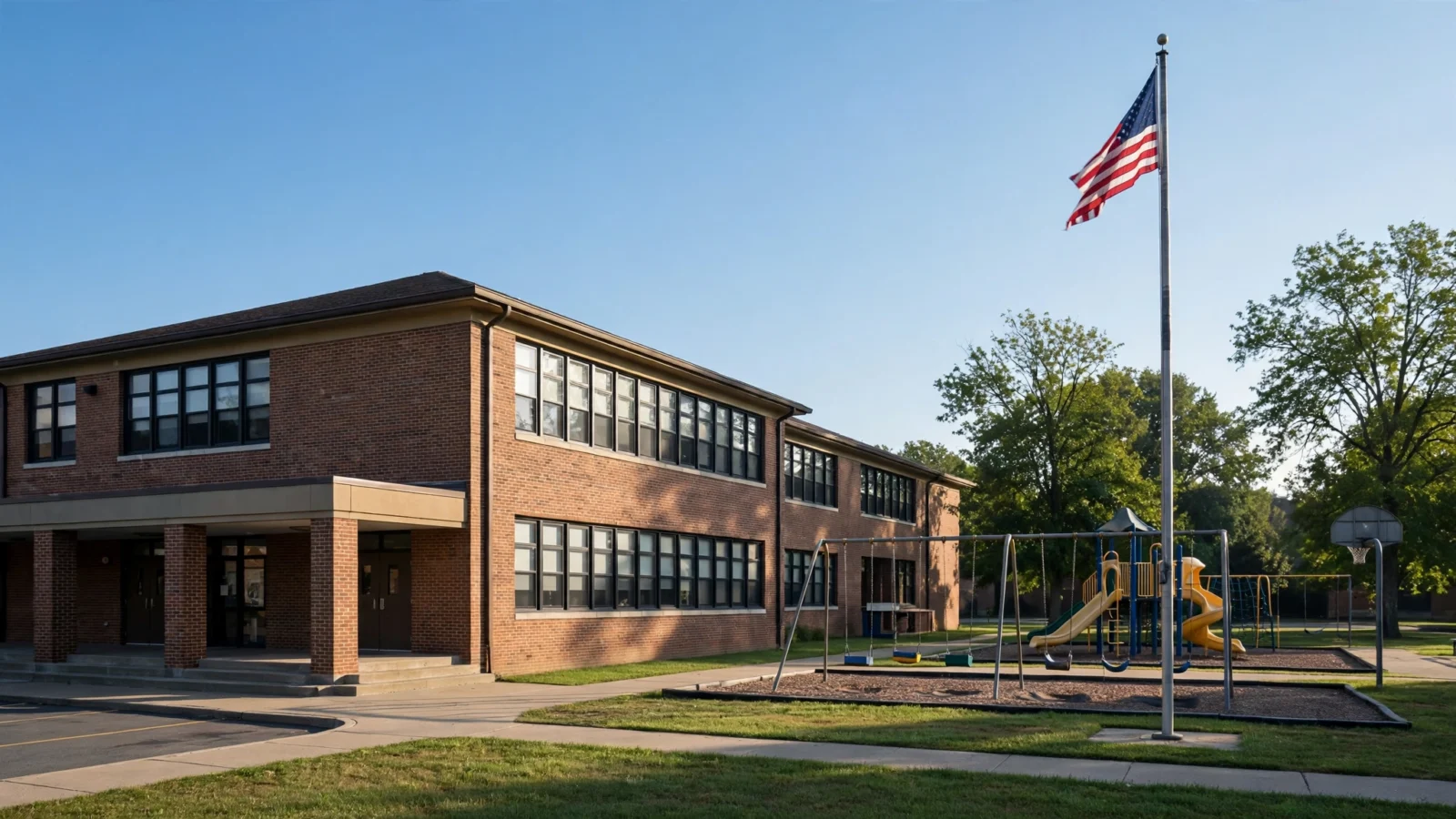 A brick elementary school building with a playground, swings, a slide, and an American flag on a pole