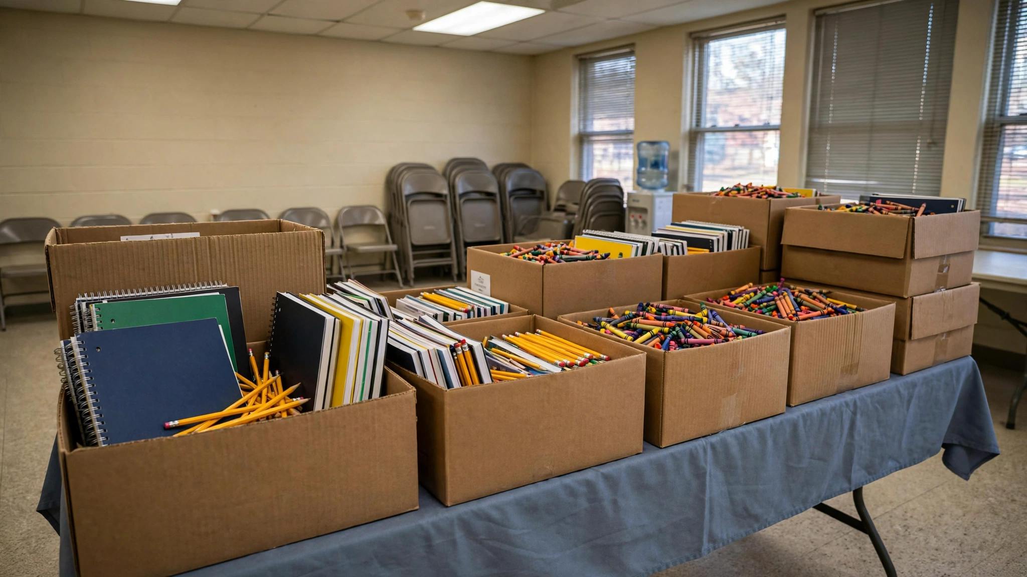 Cardboard boxes of donated notebooks, pencils, and crayons on a table in a community room