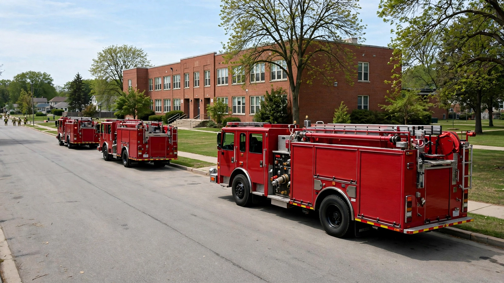 Red fire trucks parked on a street beside a brick school building