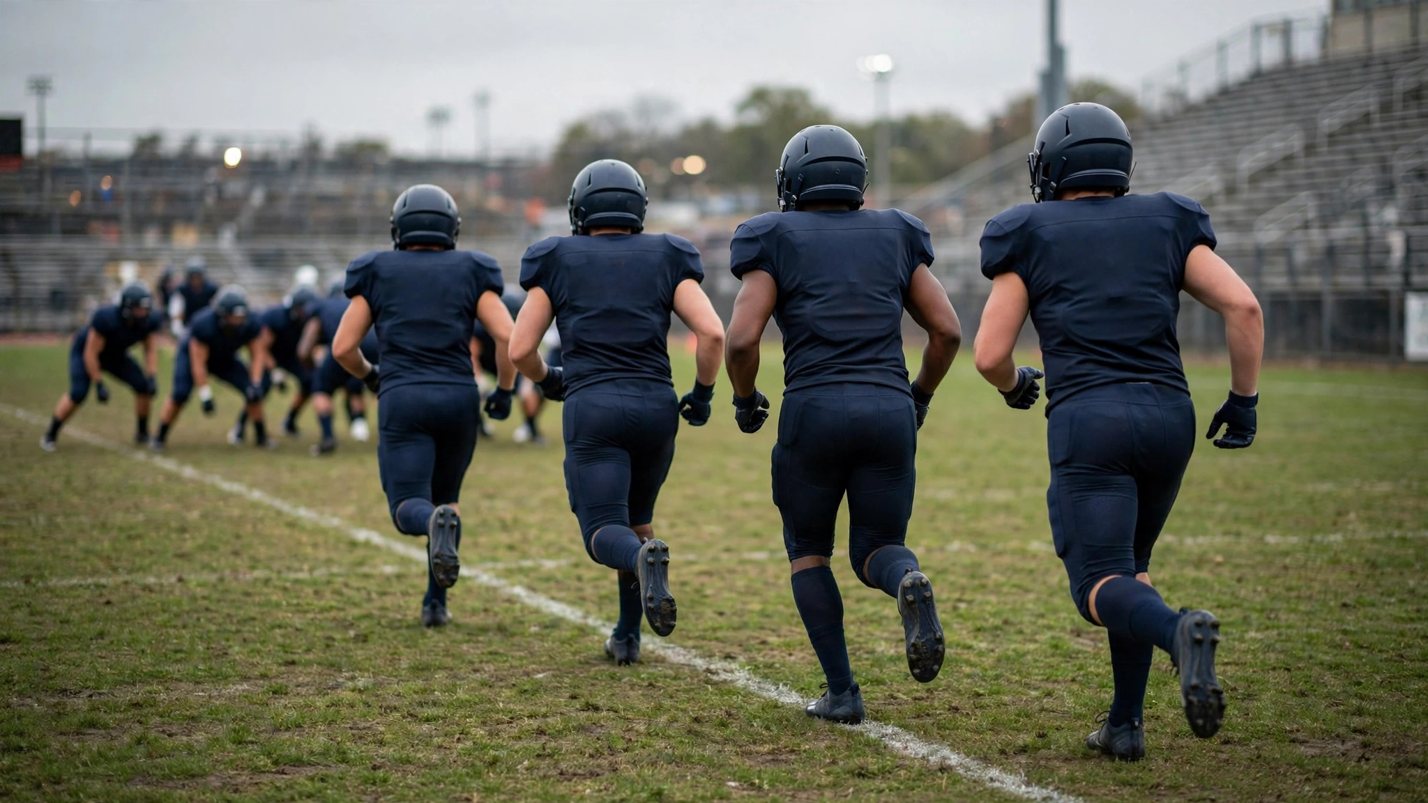 Football players in plain dark uniforms running onto a grass field