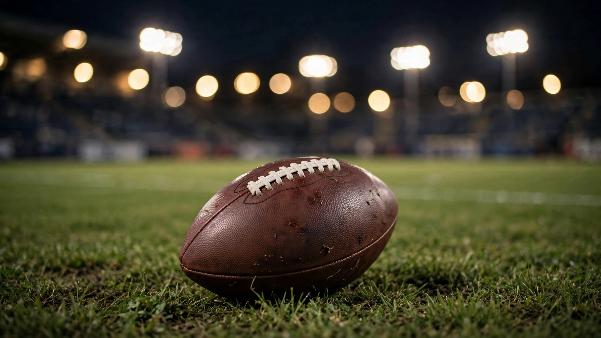 An American football resting on grass with stadium lights blurred in the background