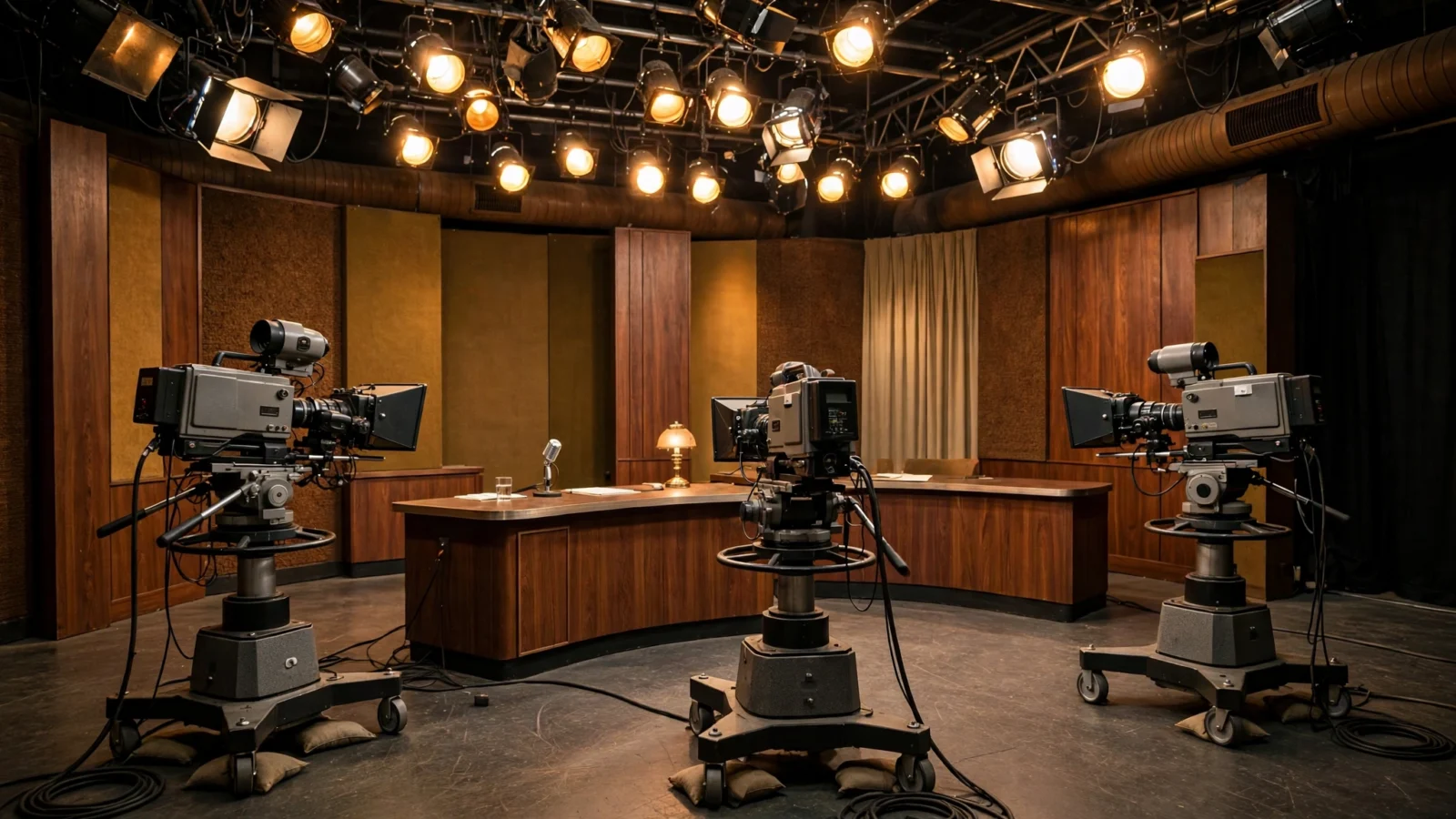 An empty vintage television studio with three cameras pointed at a wooden desk under studio lights