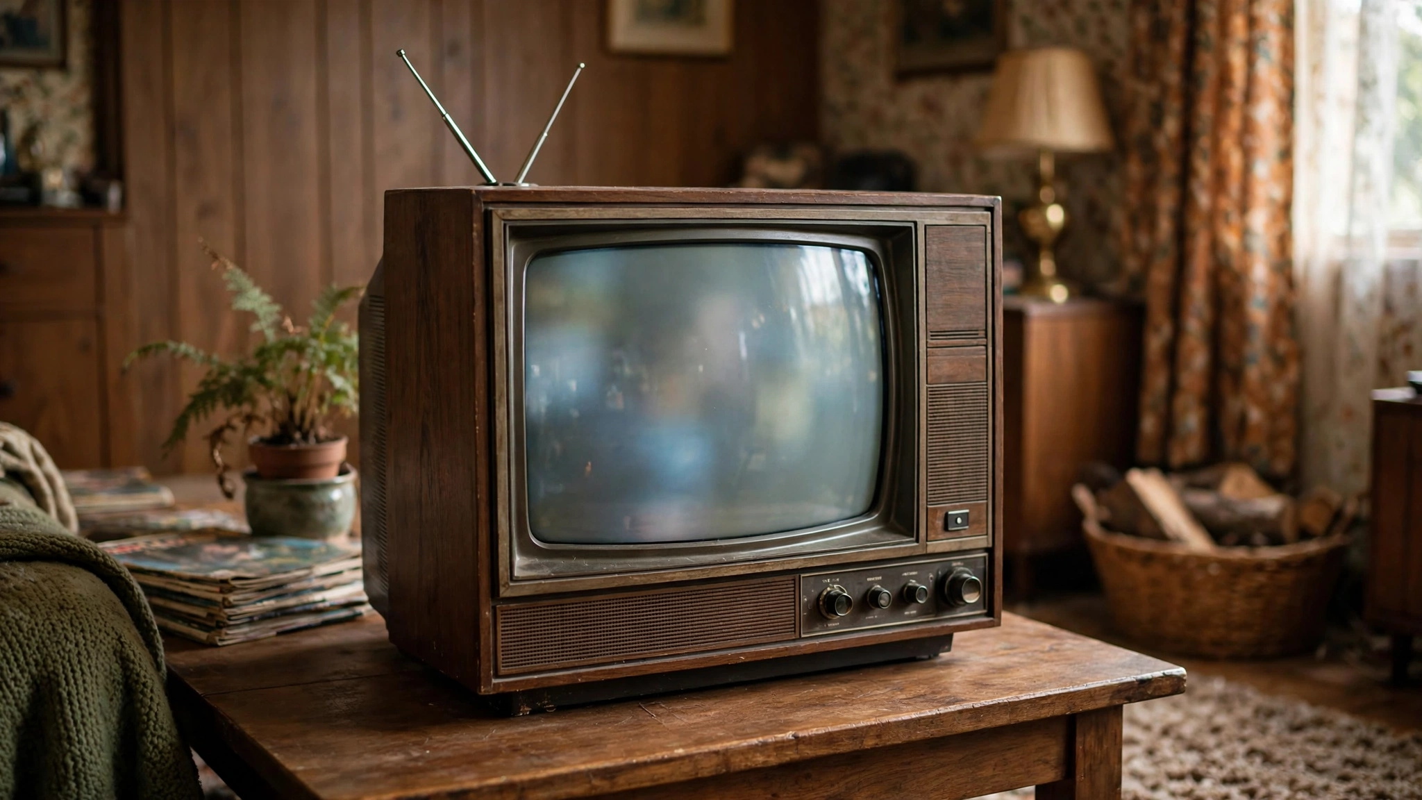 A vintage wood-paneled television set with rabbit-ear antennas on a wooden table in a living room