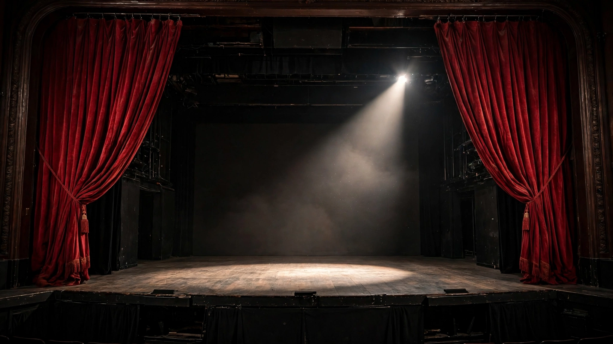 An empty theater stage with red curtains pulled back and a single spotlight on the floor