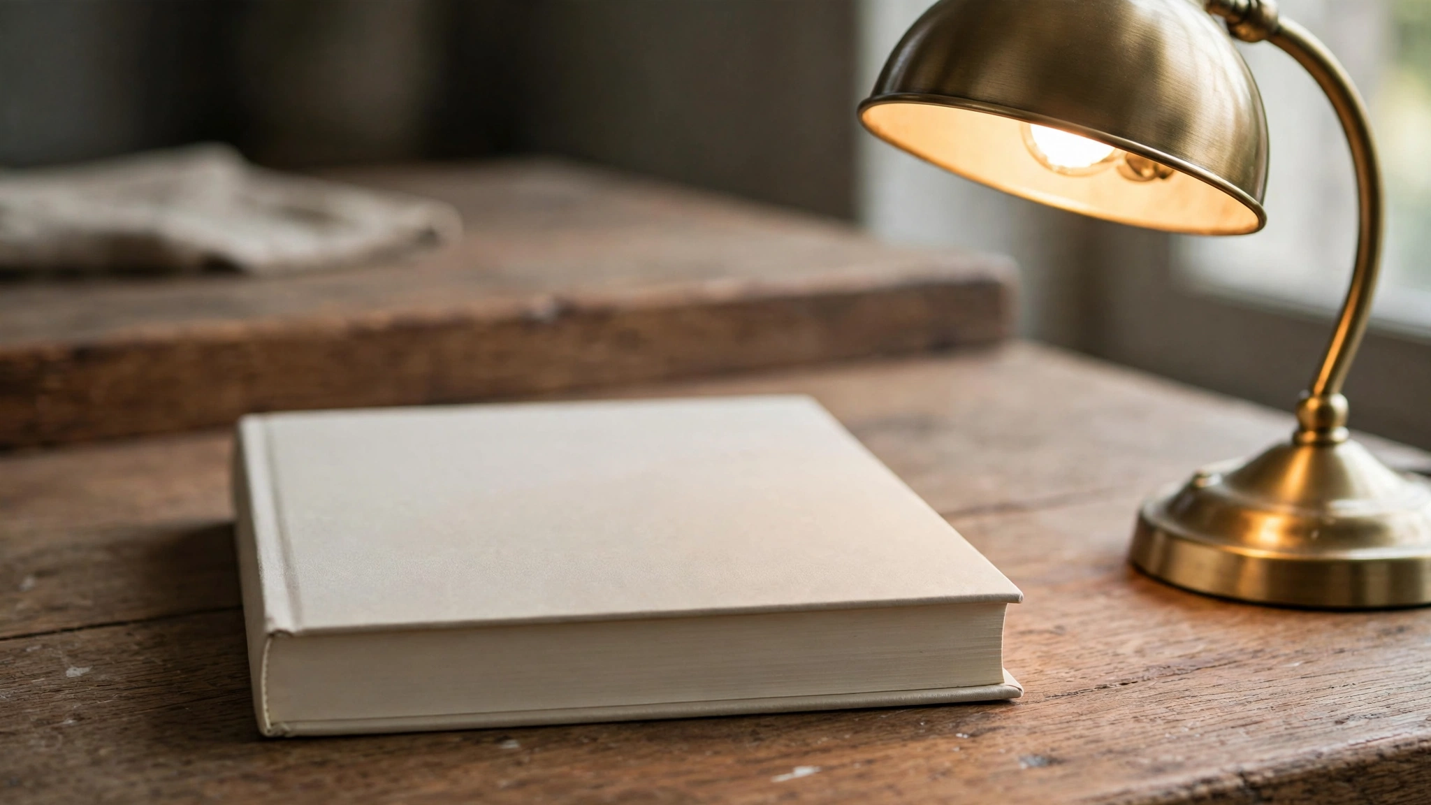 A closed book with a blank light-colored cover on a wooden desk next to a lit brass lamp