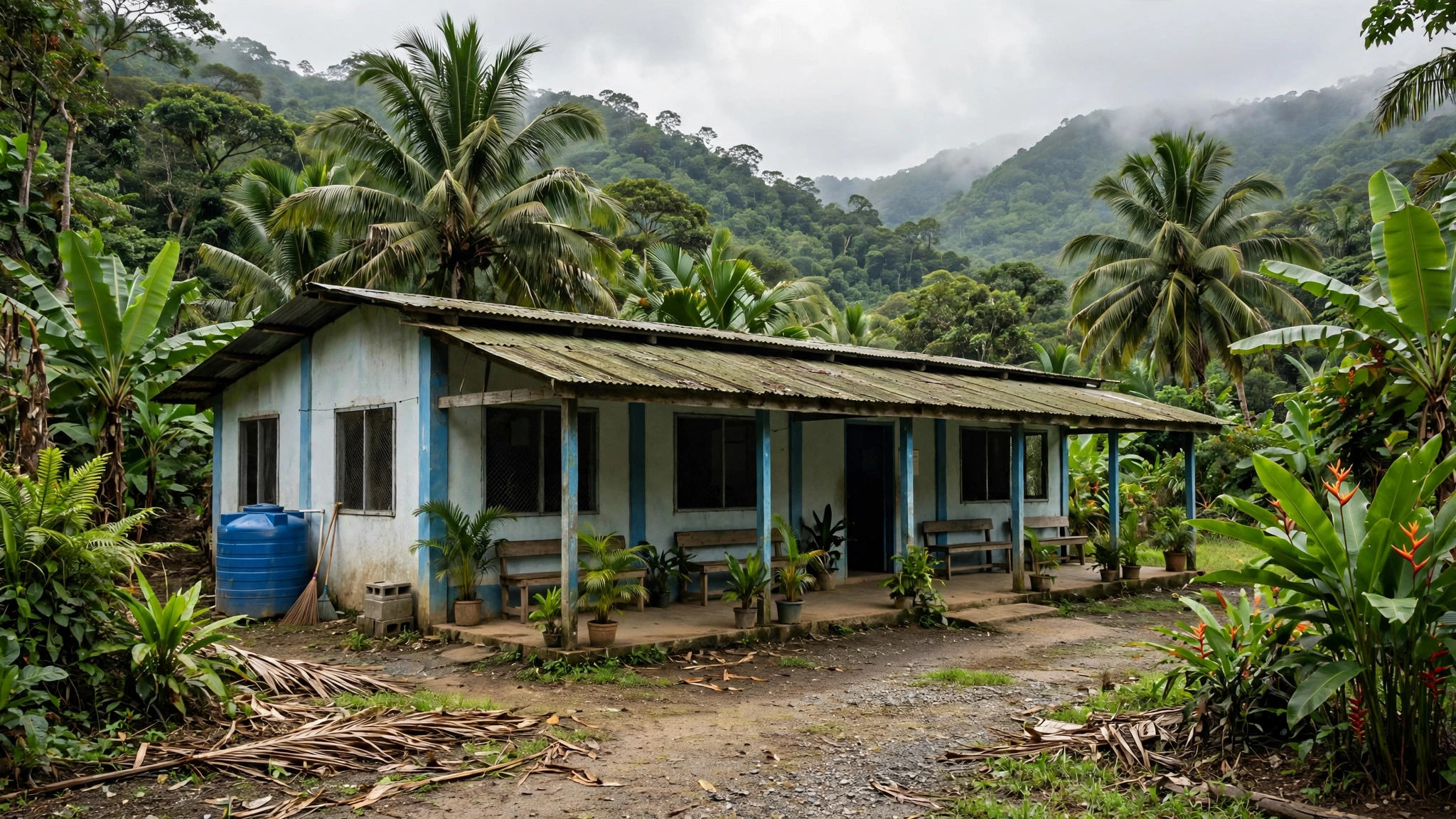 A single-story rural health clinic building with a covered porch, benches and a water tank, surrounded by palm trees and green hills