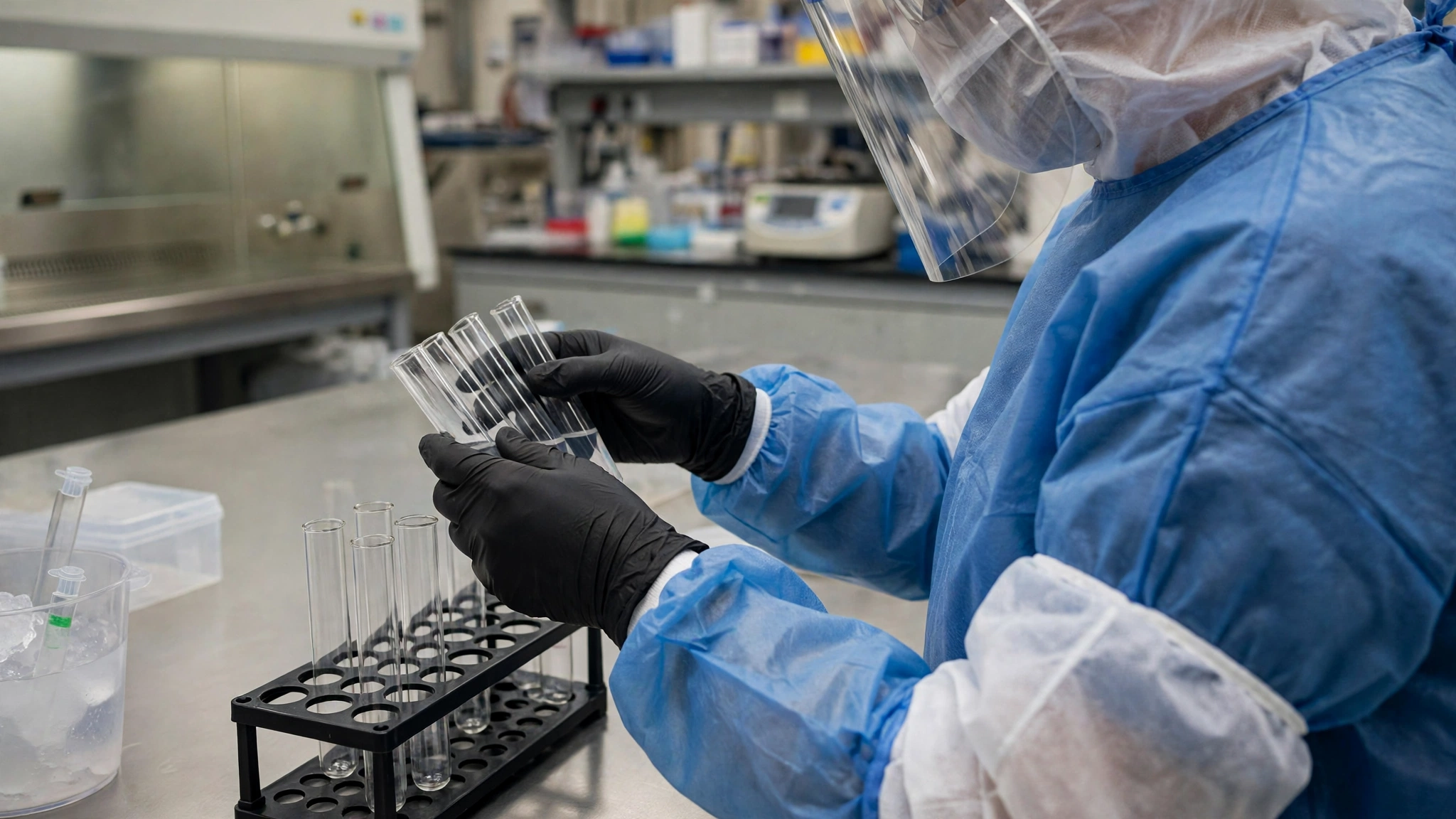 A laboratory worker in a blue protective gown, face shield and black gloves holding glass test tubes in a medical laboratory