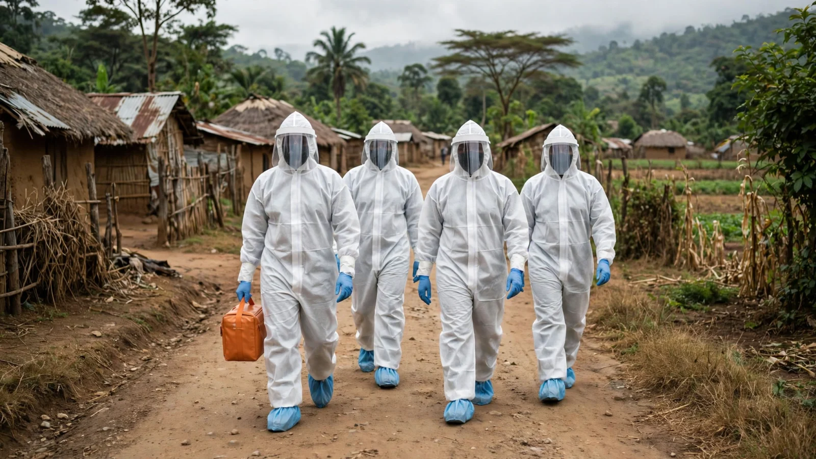 Four health workers in white protective suits, face shields, blue gloves and shoe covers walking along a dirt road in a village
