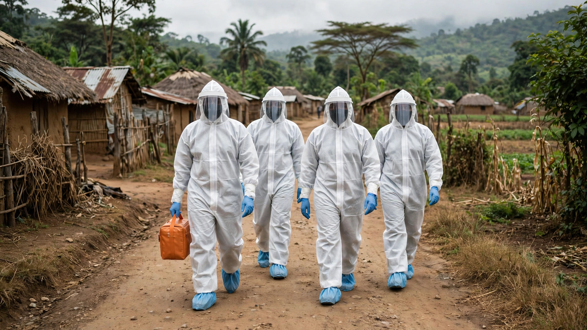 Four health workers in white protective suits, face shields, blue gloves and shoe covers walking along a dirt road in a village