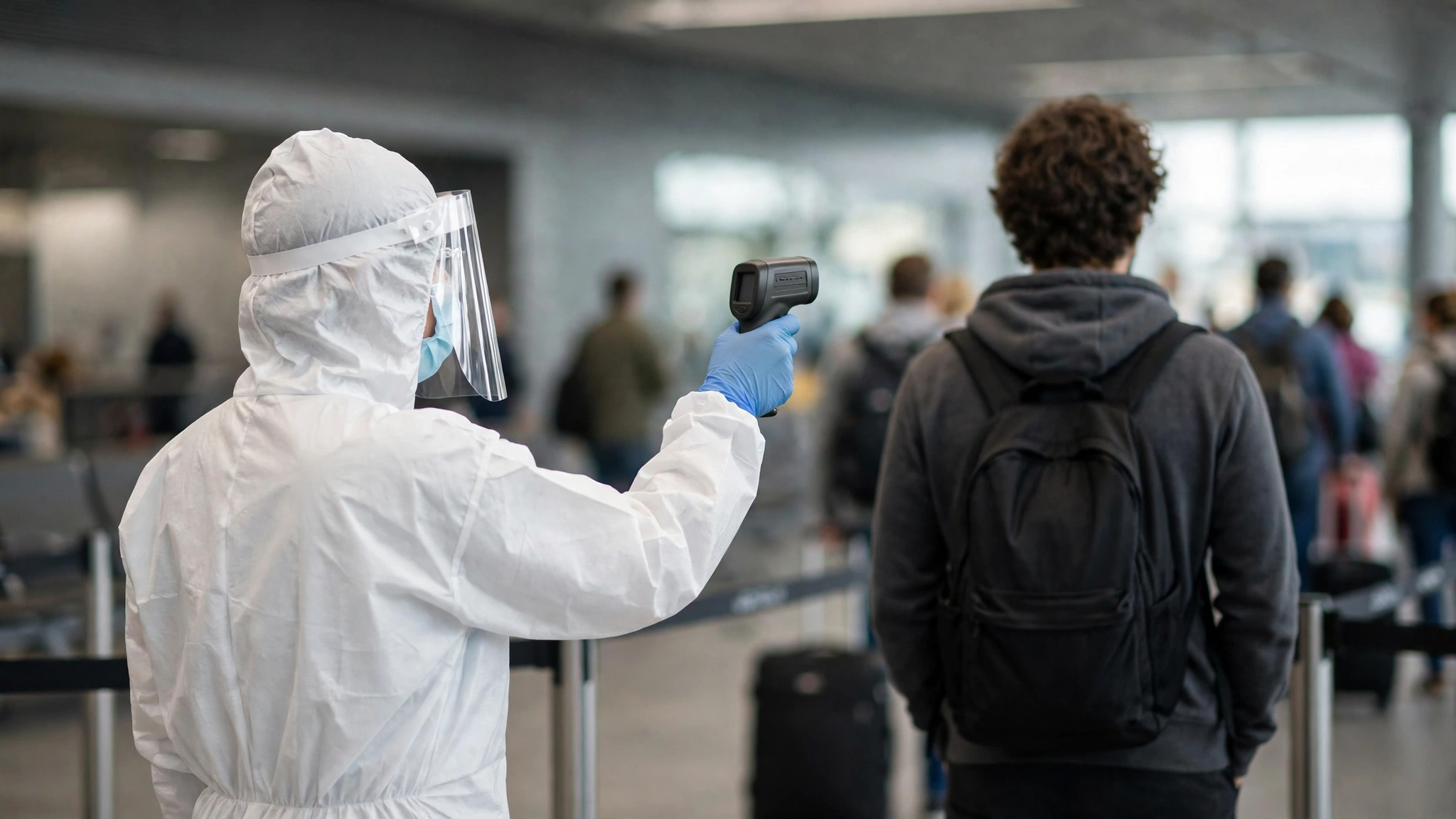 A health worker in a white protective suit and face shield holding a handheld thermometer toward a traveler with a backpack in an airport