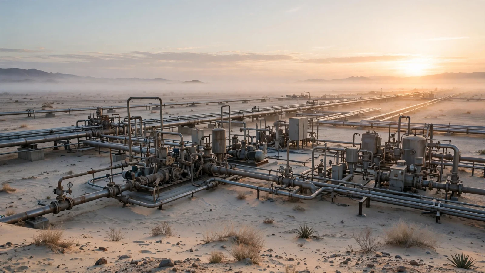 Metal oil pipelines and pumping equipment in a flat desert at sunrise