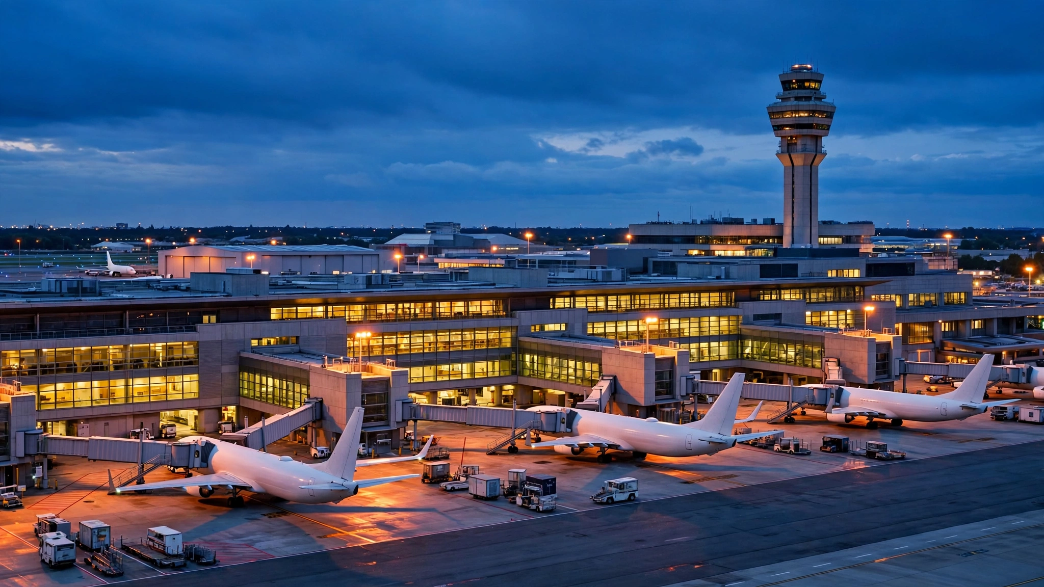 An airport terminal at dusk with airplanes parked at gates and a control tower
