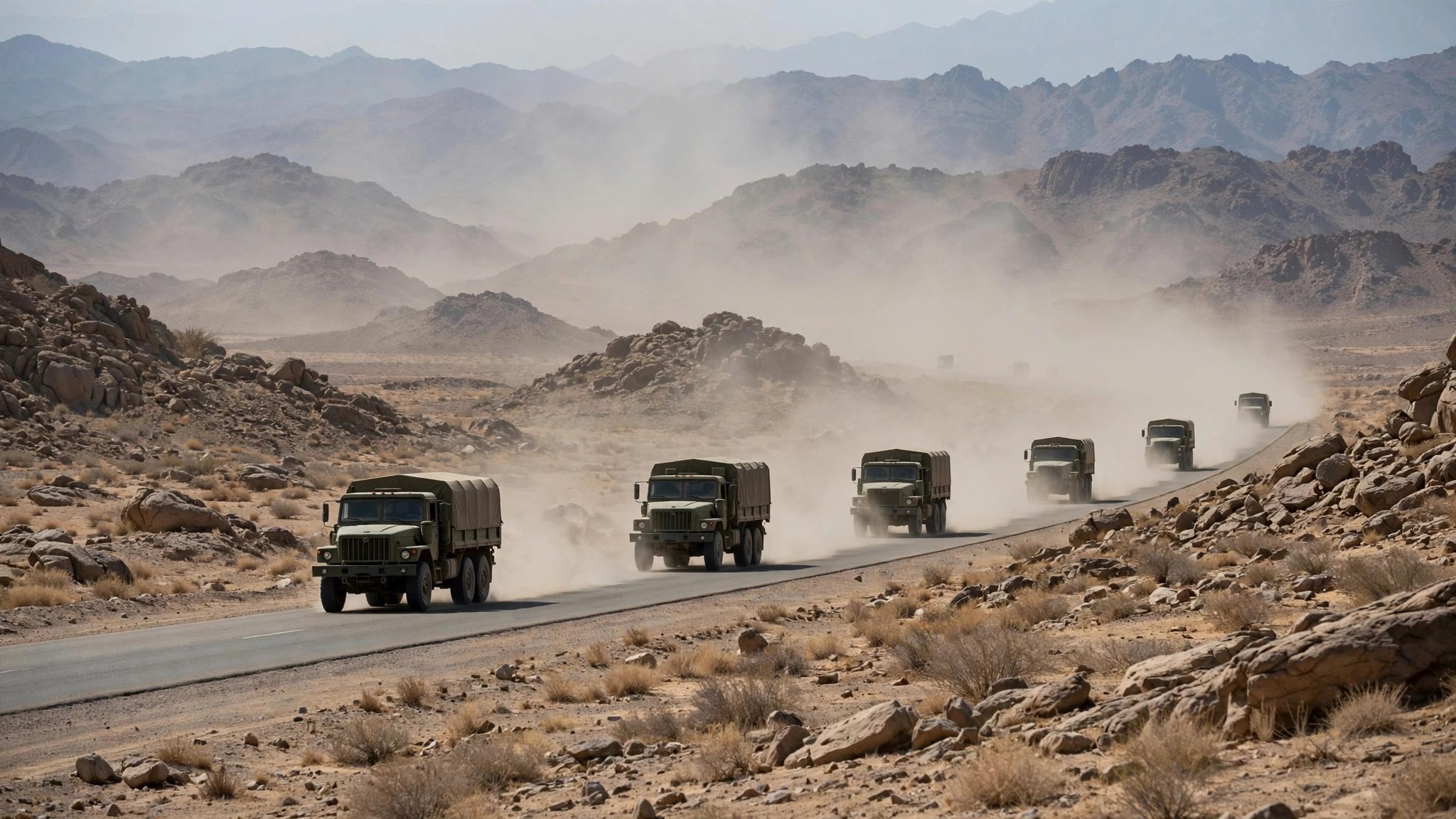 A line of military trucks driving on a desert road with dust rising behind them