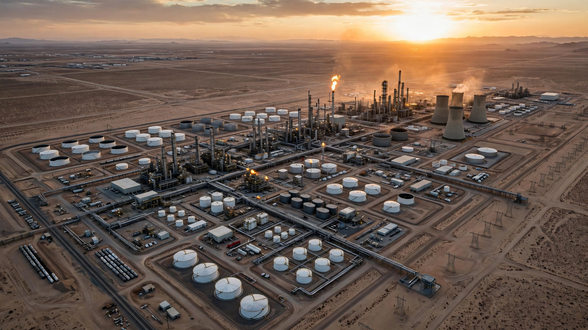 An aerial view of an oil refinery with storage tanks and towers in a desert at sunset