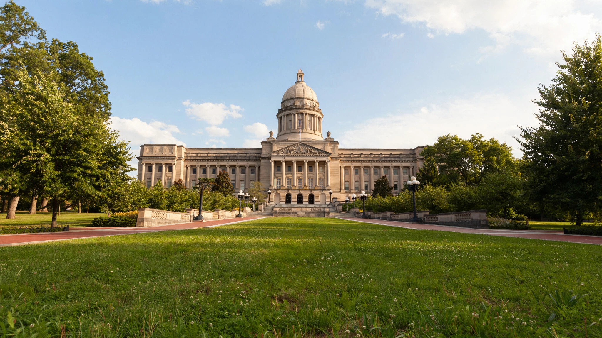 The Kentucky State Capitol building with a dome, seen across a lawn