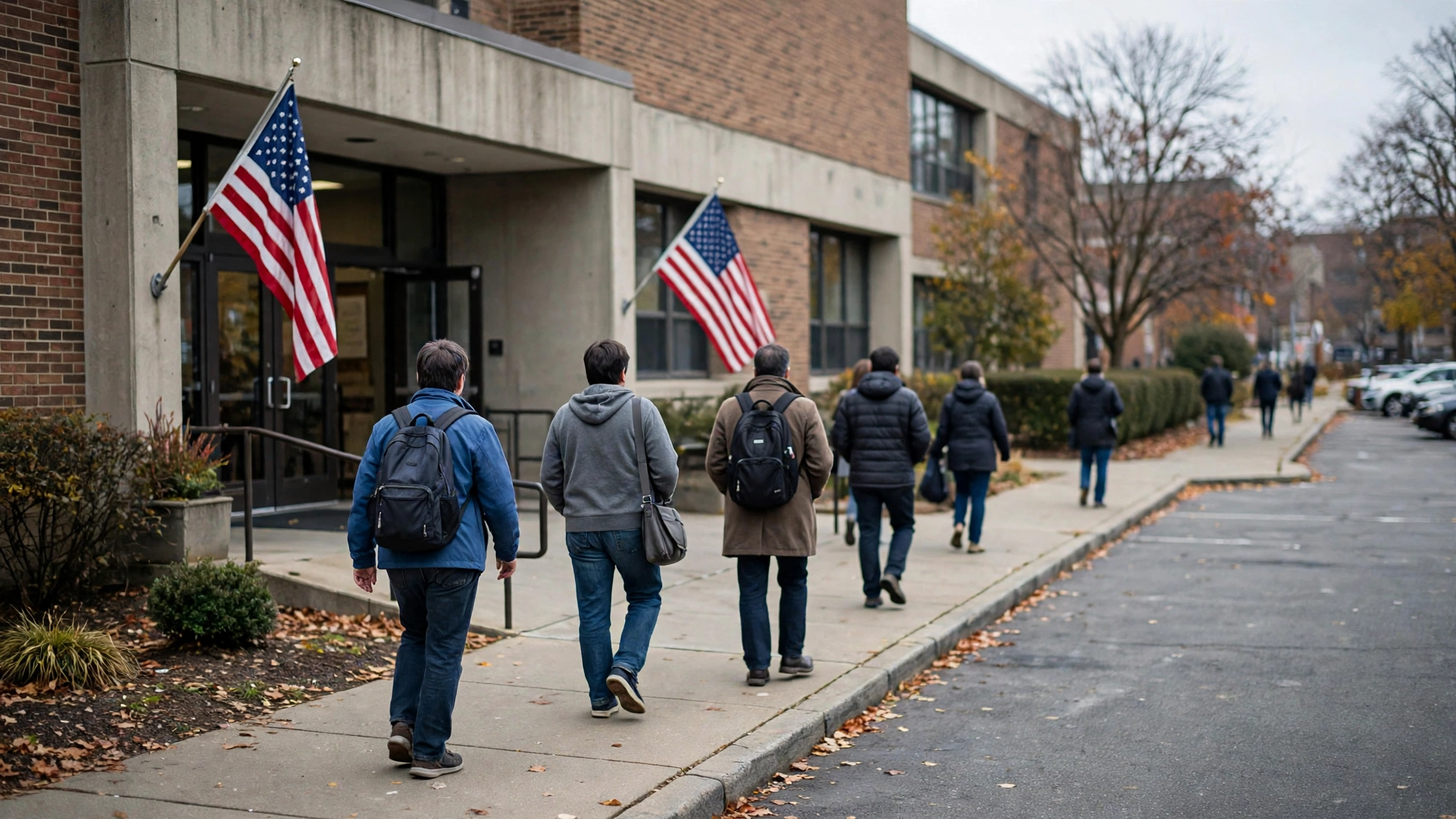 People walking toward the entrance of a building with American flags by the door