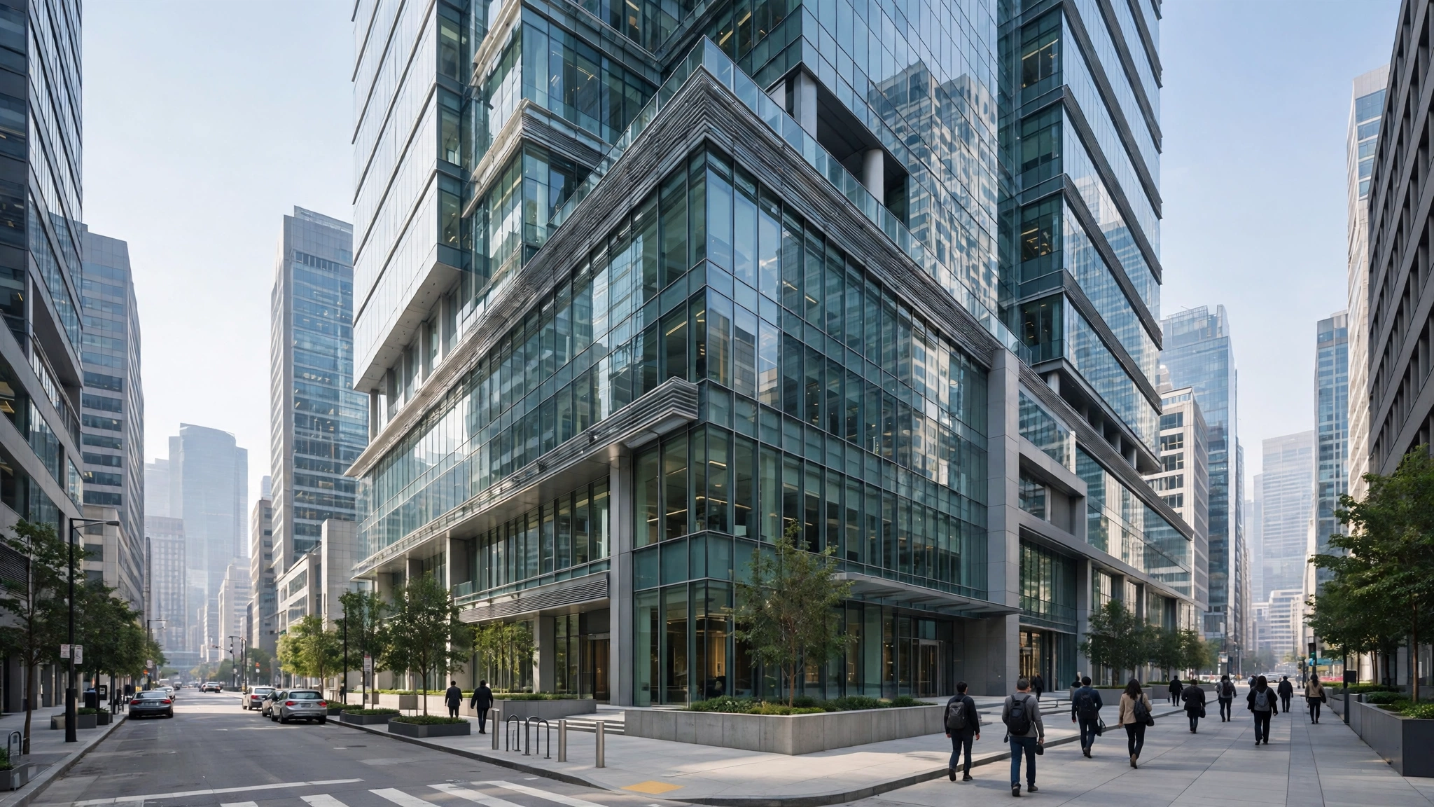 A glass office building on a city street with people walking on the sidewalk