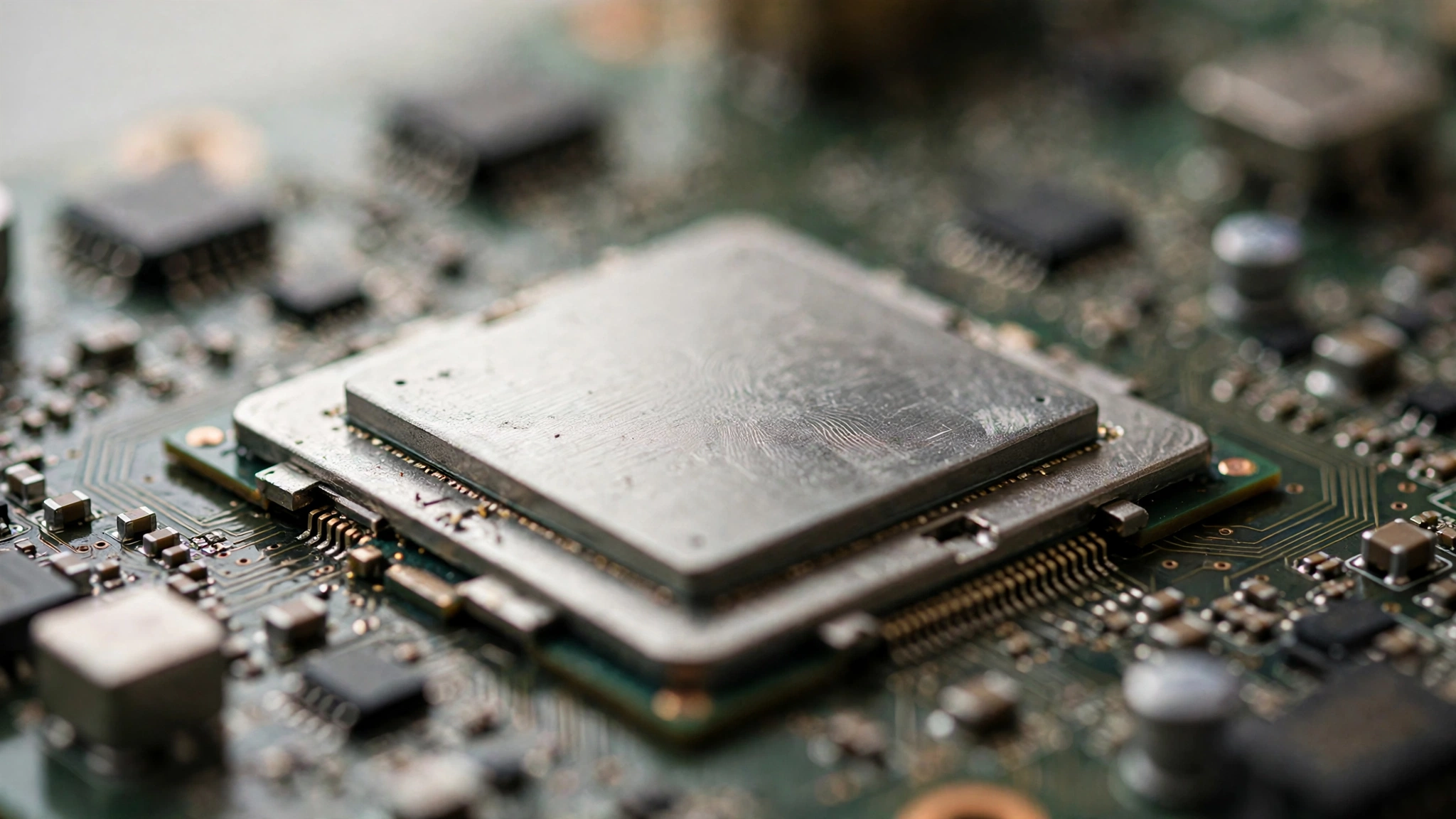 A close-up of a square metal computer processor chip mounted on a green circuit board