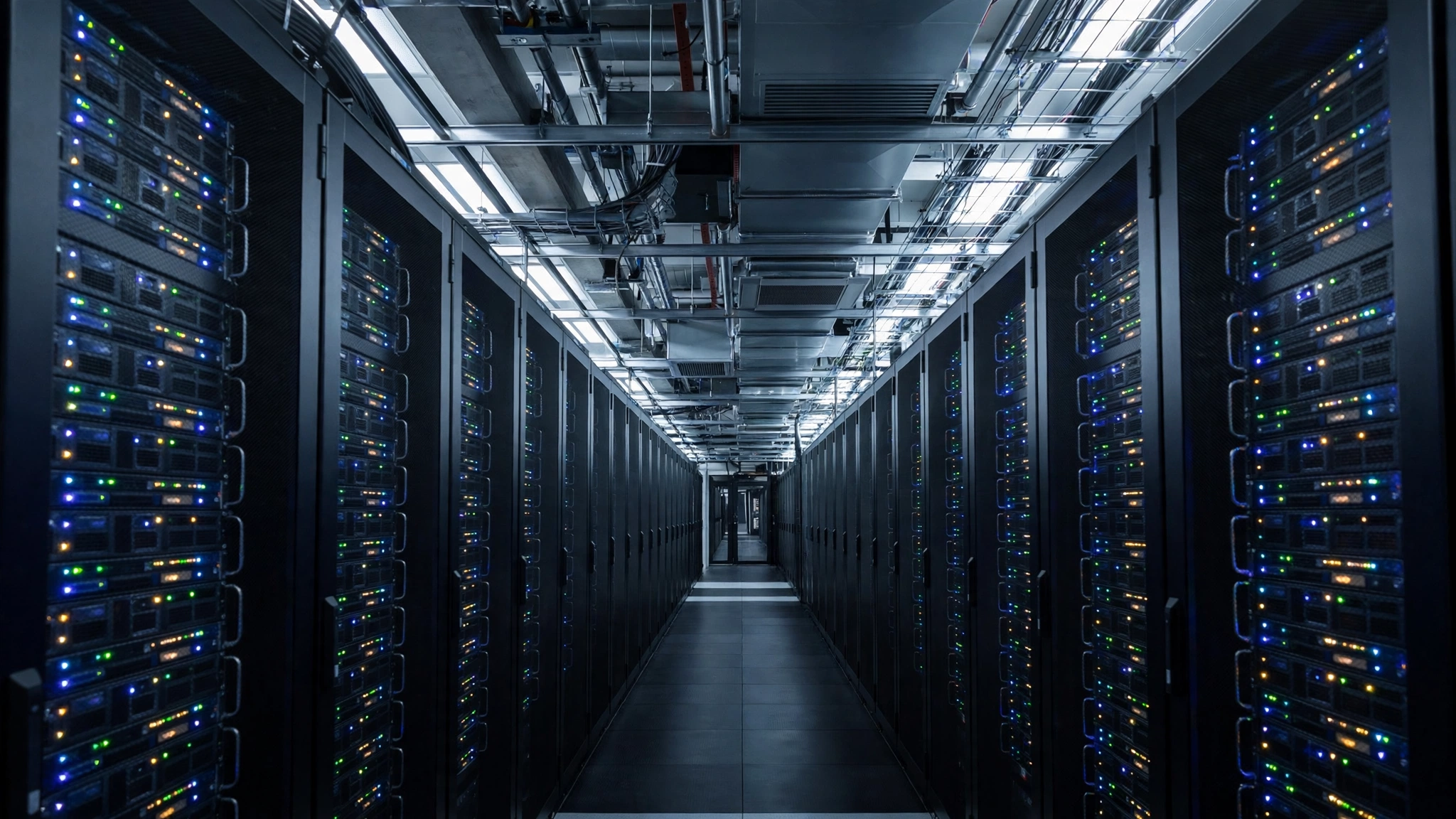 A long corridor in a data center with rows of black server racks and small blinking lights on both sides