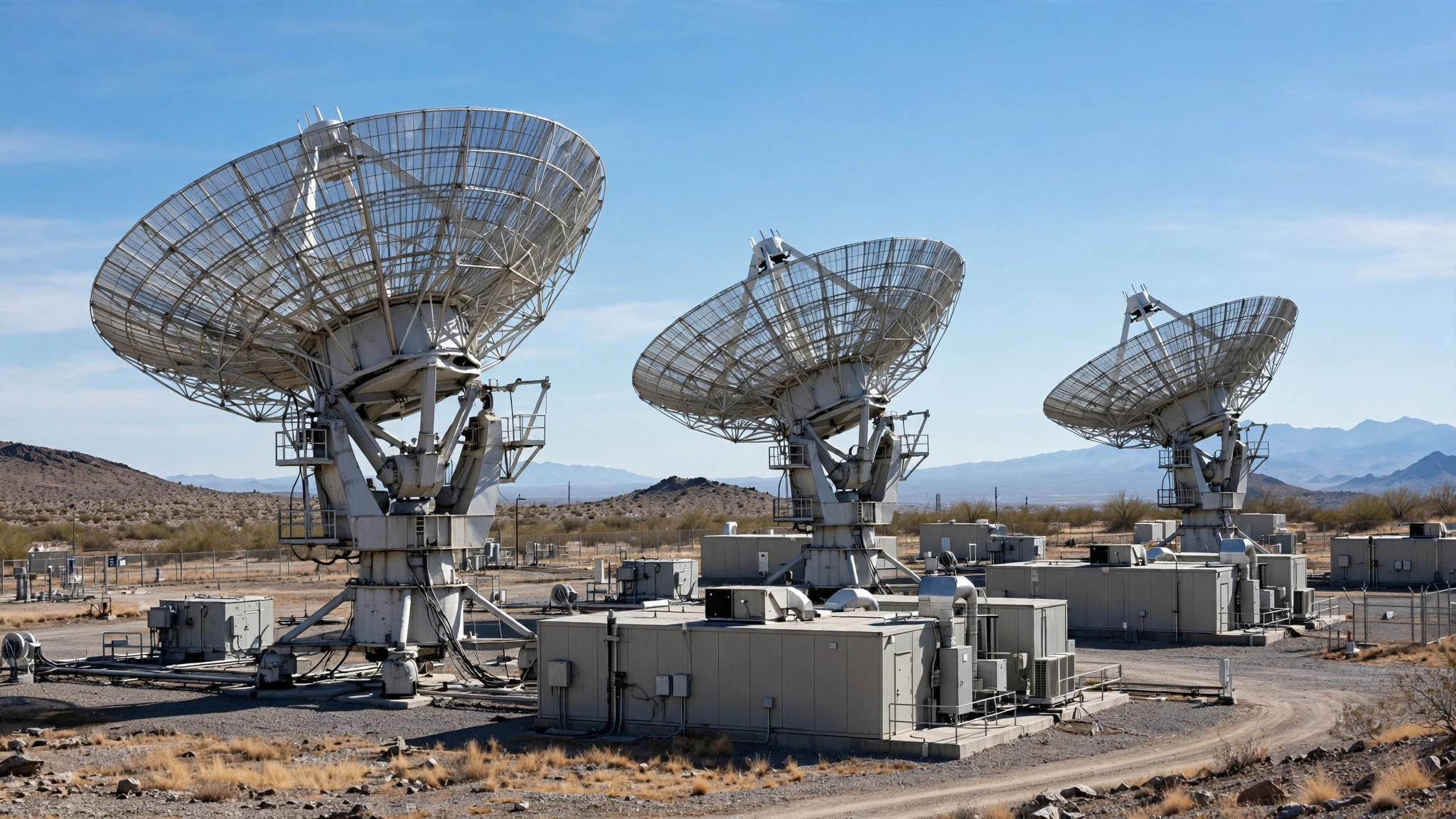 Three large satellite dish antennas at a ground station in a dry landscape under a clear blue sky