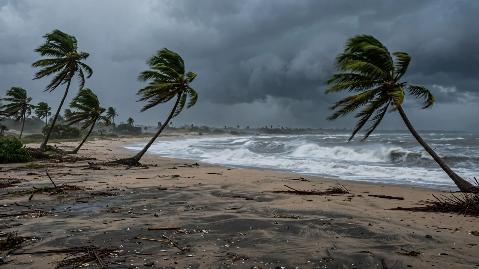 Palm trees bending in strong wind on a sandy beach as large waves roll in under dark storm clouds