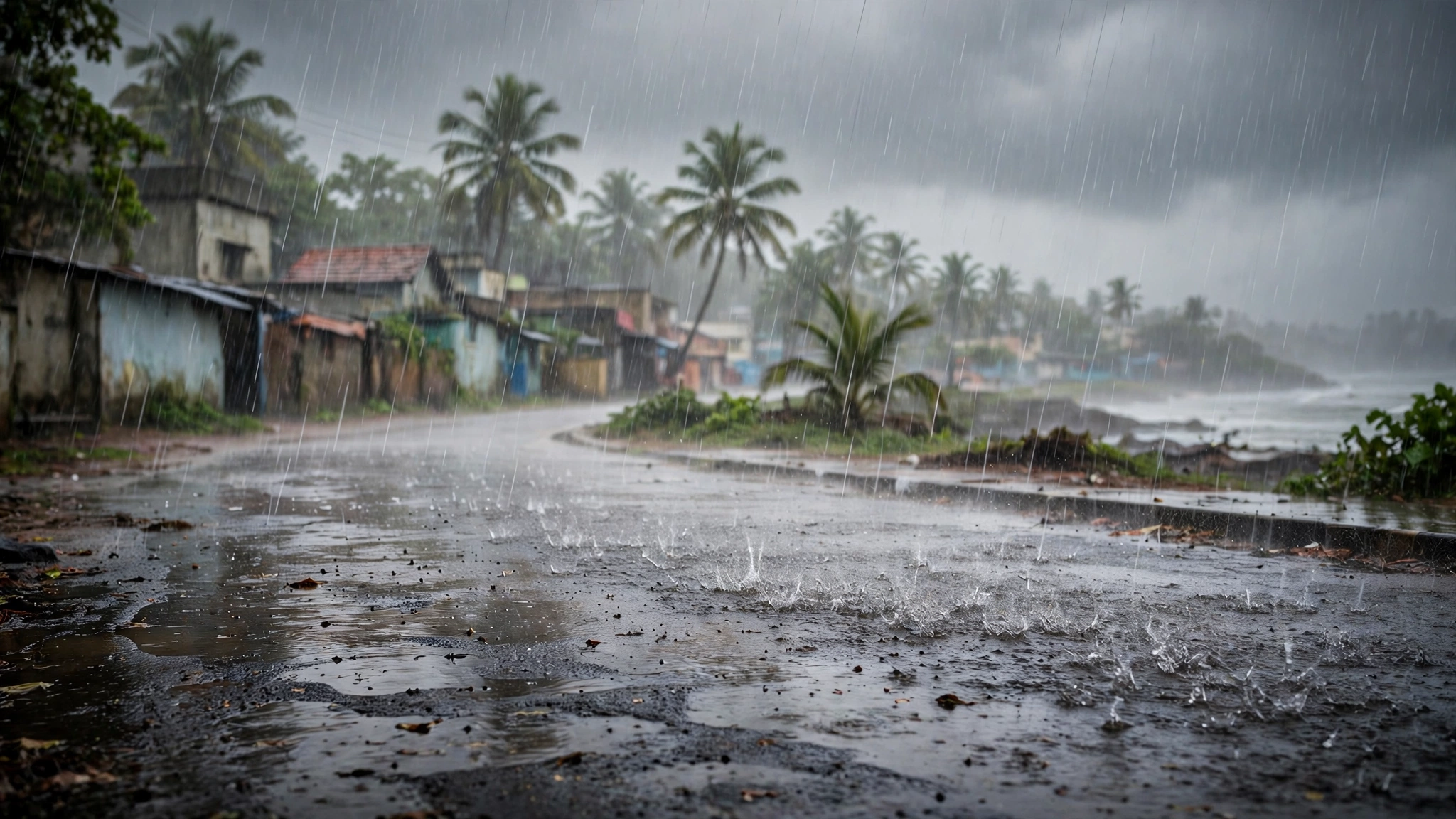 Heavy rain falling on a wet coastal road beside low houses and palm trees