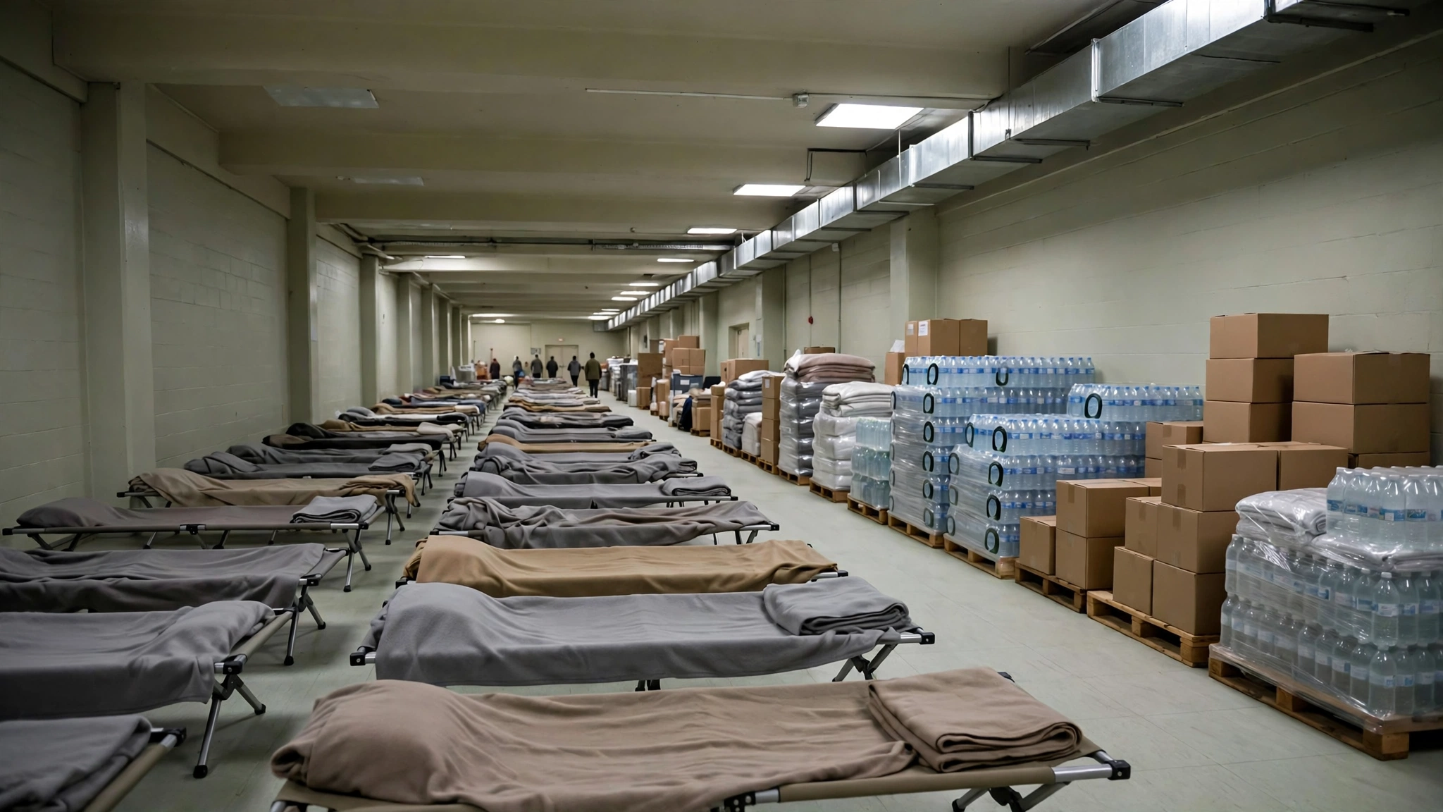 Rows of empty cots with blankets and stacked bottled water and boxes in a large shelter hall