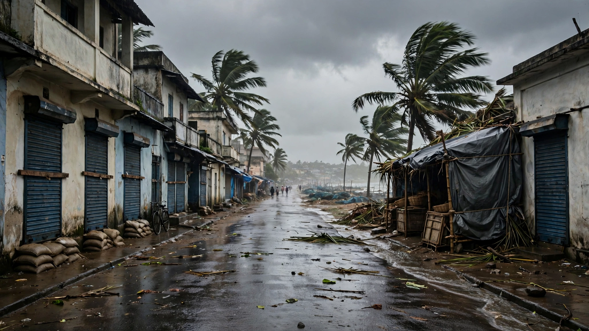 A wet coastal street lined with shuttered shops and sandbags, with palm trees bending in wind under grey skies