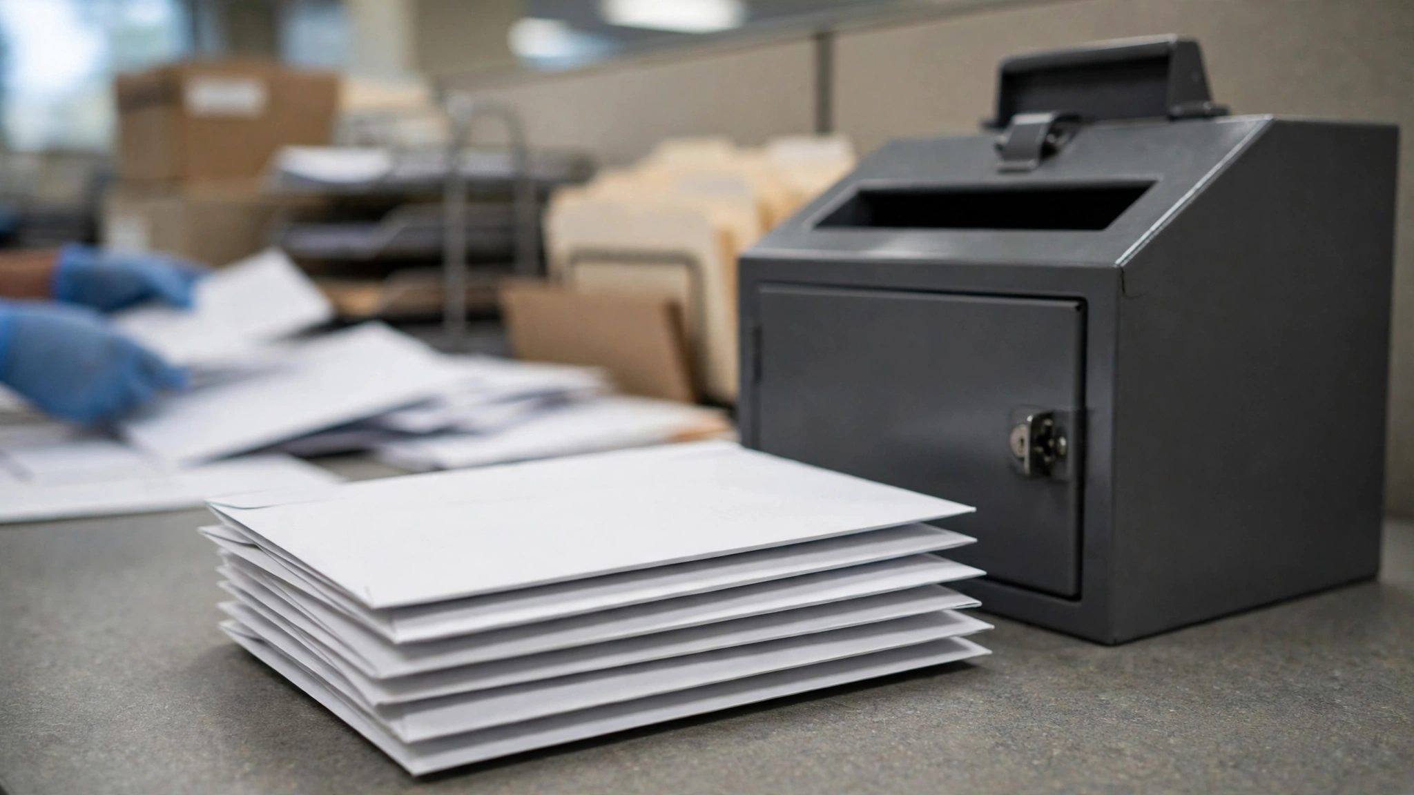A stack of blank white envelopes beside a dark metal ballot drop box on a table in an election office