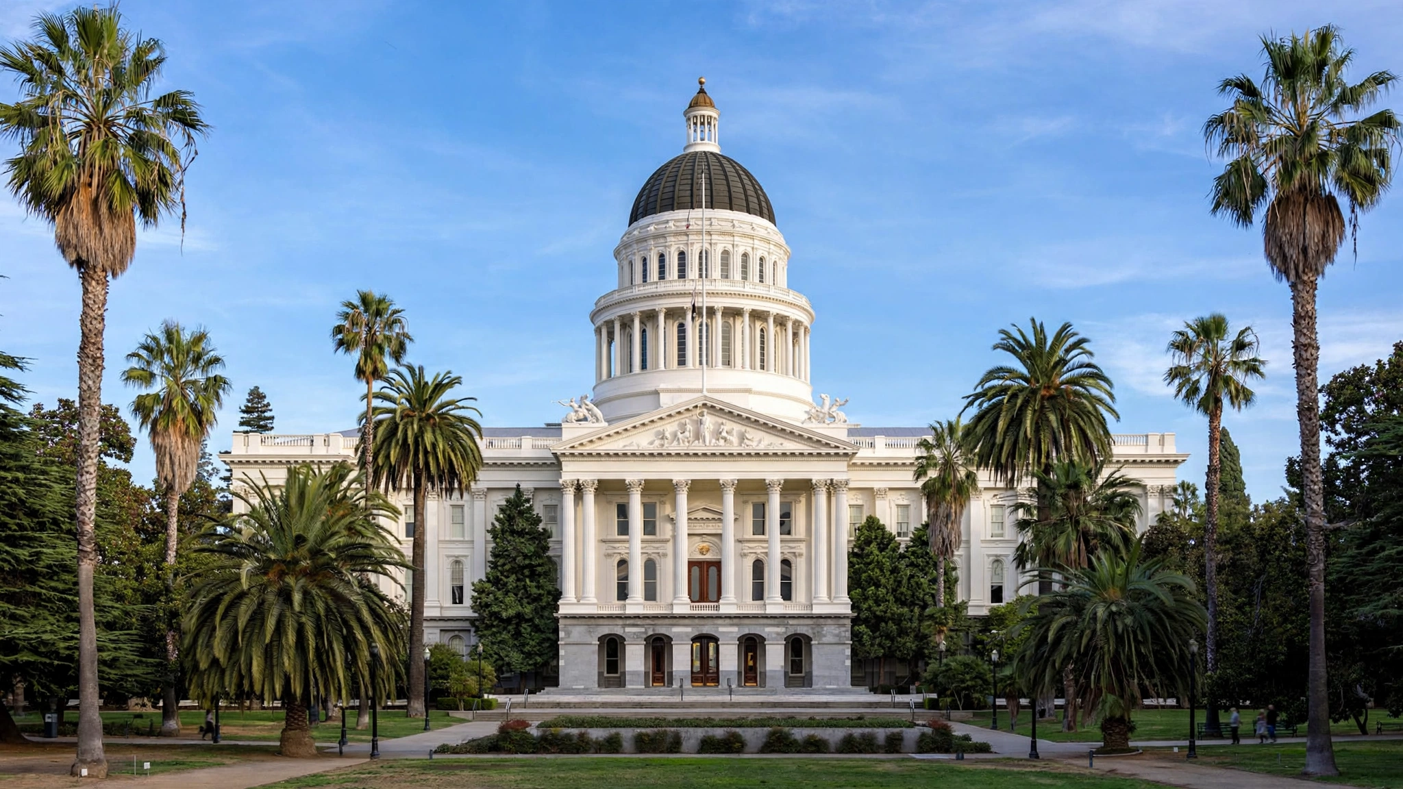 The white California State Capitol building with a dark dome, framed by palm trees in Sacramento