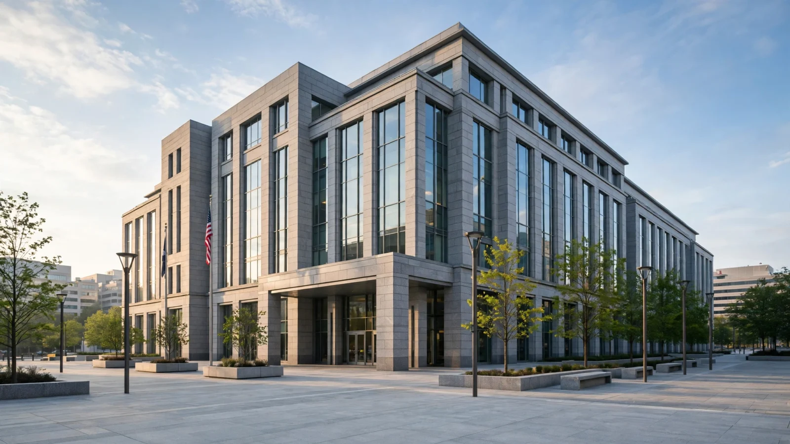 A modern stone federal courthouse building with tall glass windows and an empty plaza in front
