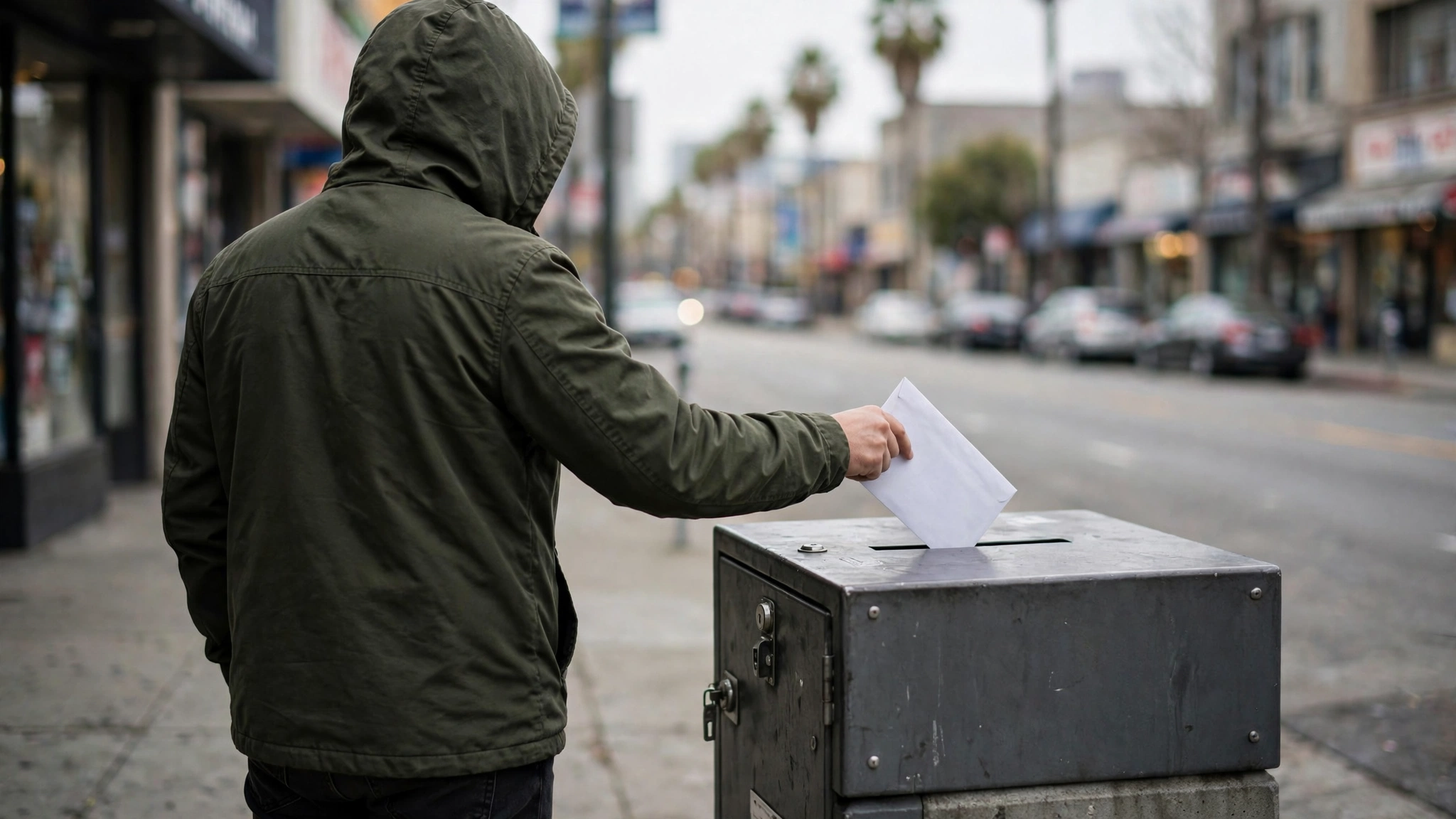 A person seen from behind placing a white envelope into a metal ballot drop box on a city sidewalk