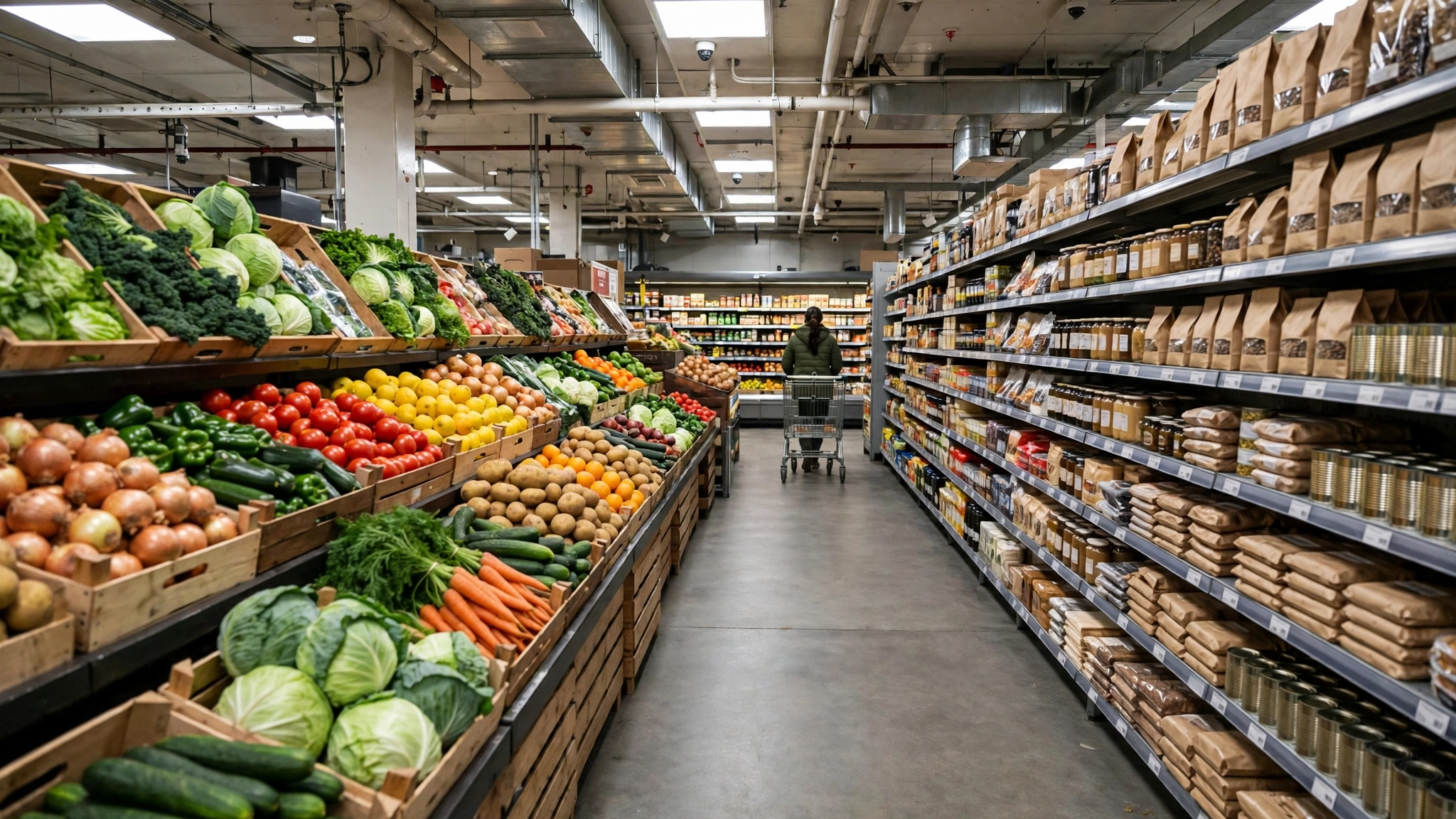 A supermarket aisle with produce in wooden crates on one side and packaged goods on shelves on the other