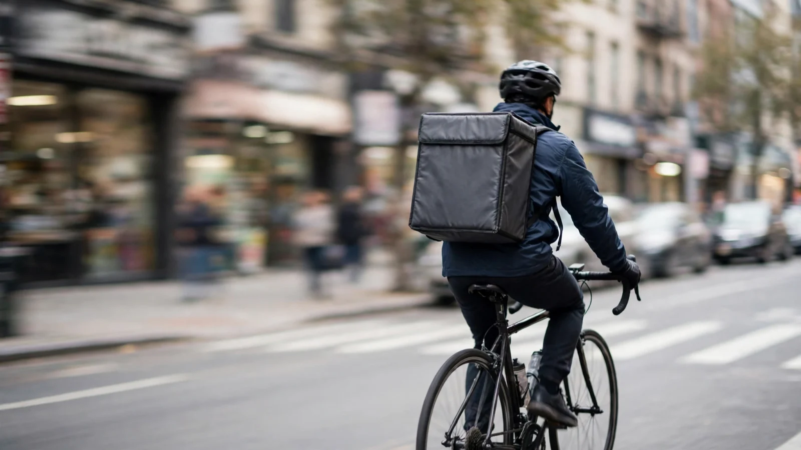A delivery courier wearing a helmet and carrying a plain insulated backpack riding a bicycle on a city street