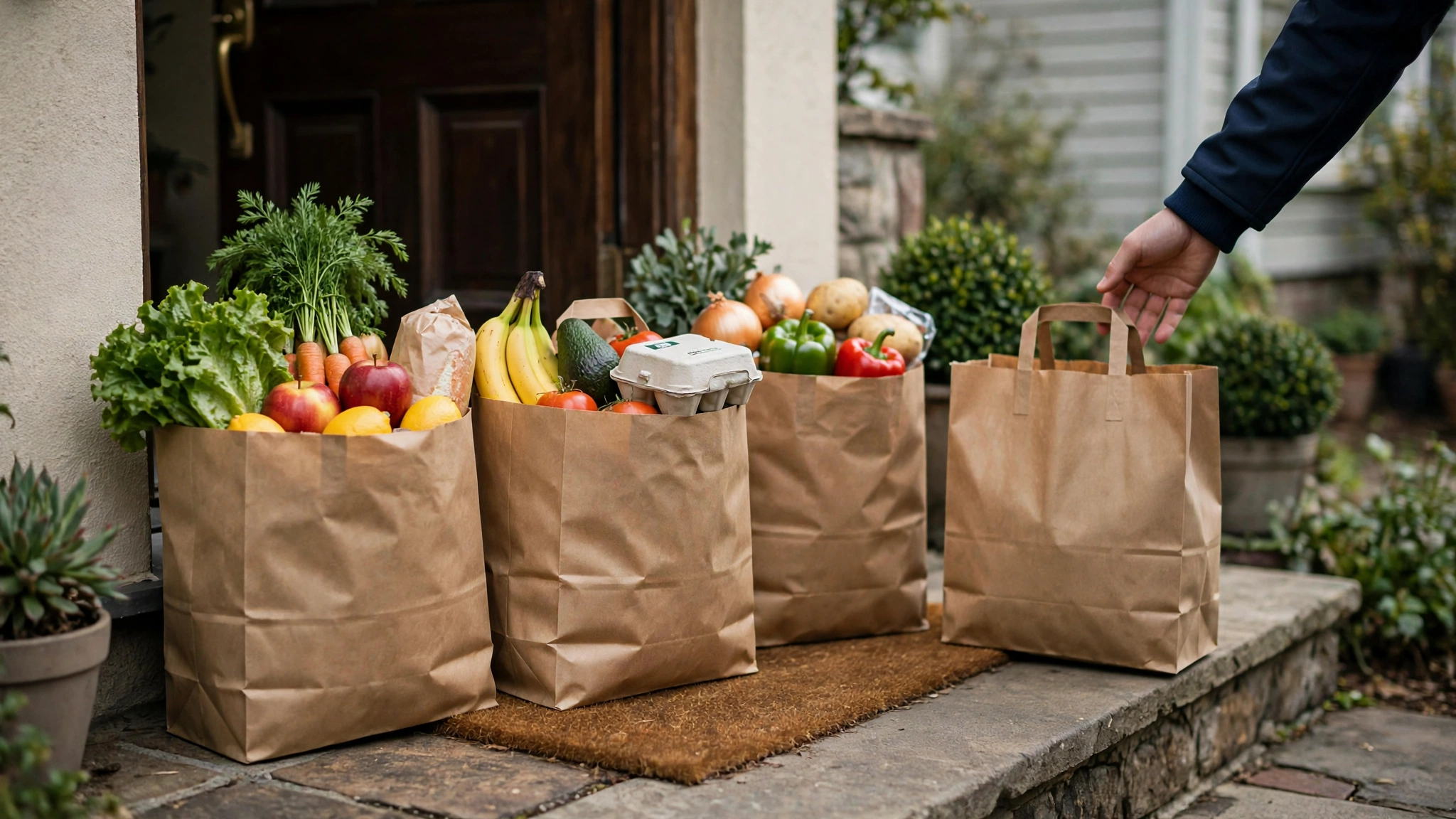 Paper grocery bags filled with fruit, vegetables, bread and eggs on a doorstep outside a house