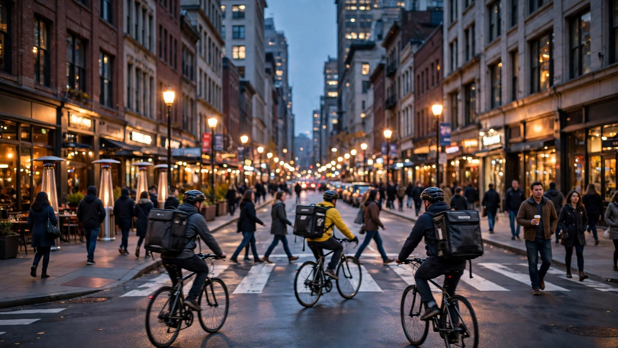 Delivery cyclists with insulated backpacks riding through a busy downtown street at dusk
