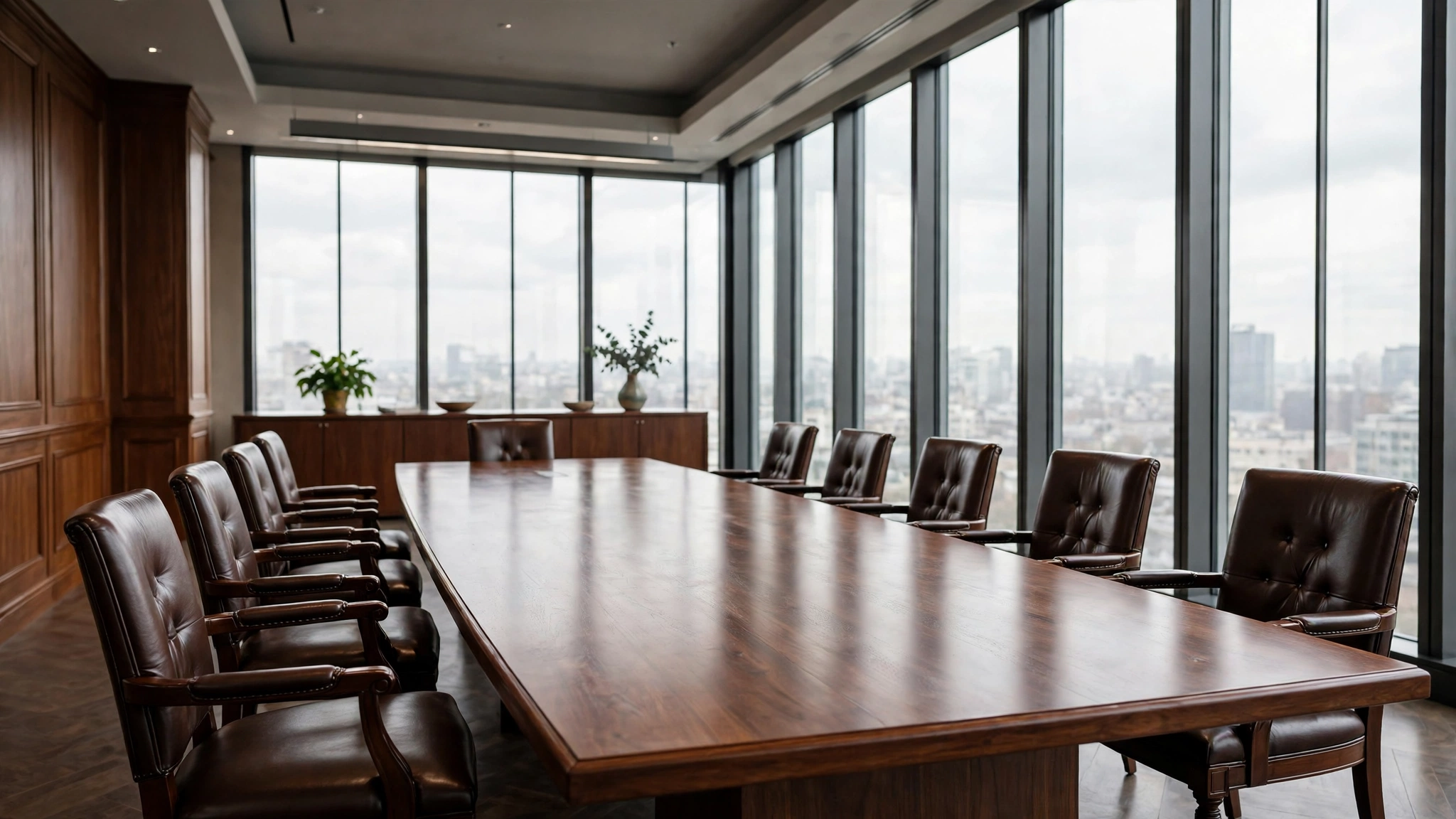 An empty boardroom with a long wooden conference table and leather chairs beside tall windows