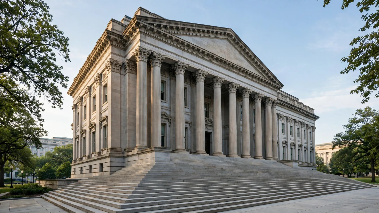 A neoclassical stone building with tall columns and wide steps in Washington