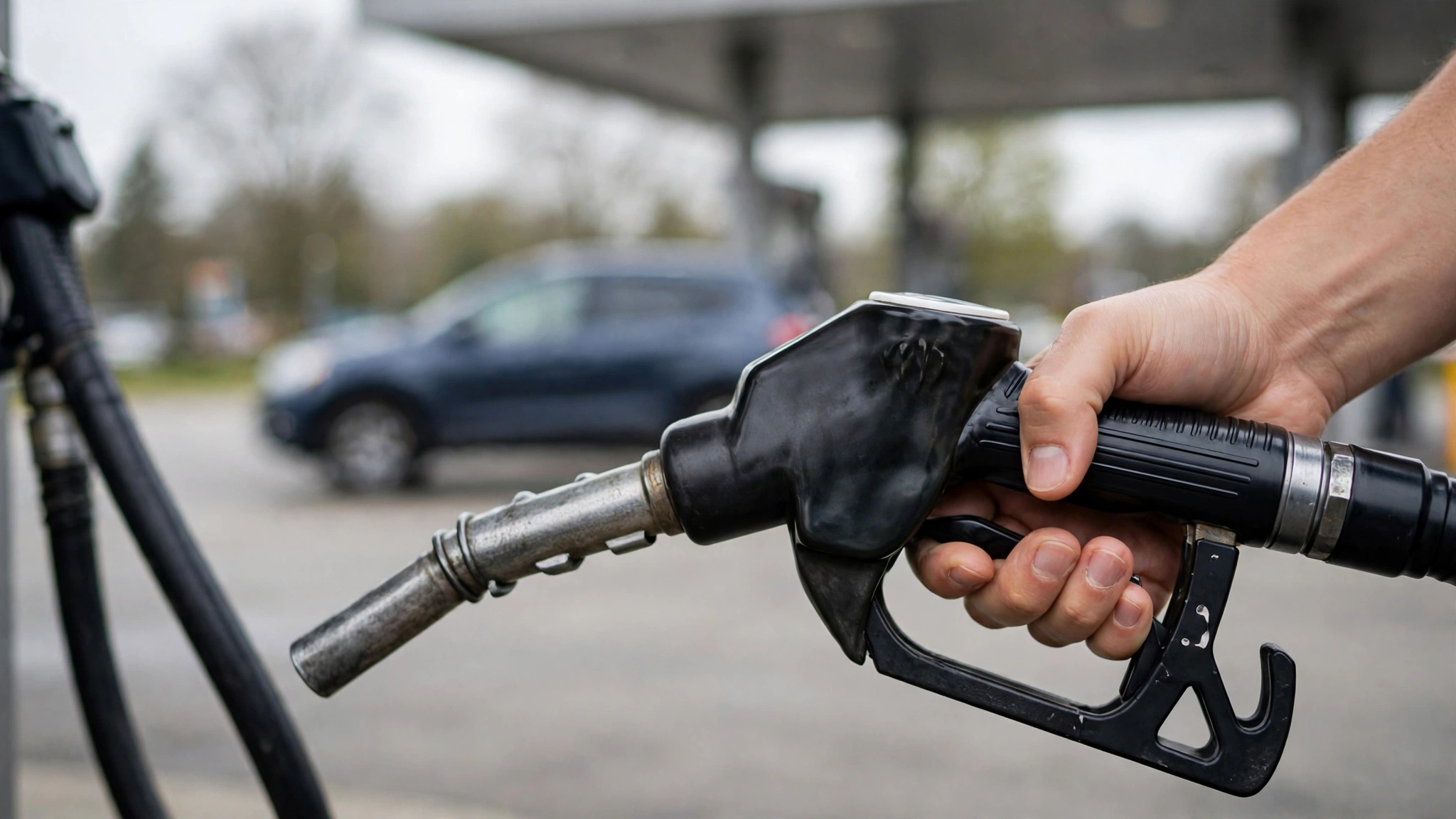 A hand holding a fuel pump nozzle at a gas station with a car blurred in the background