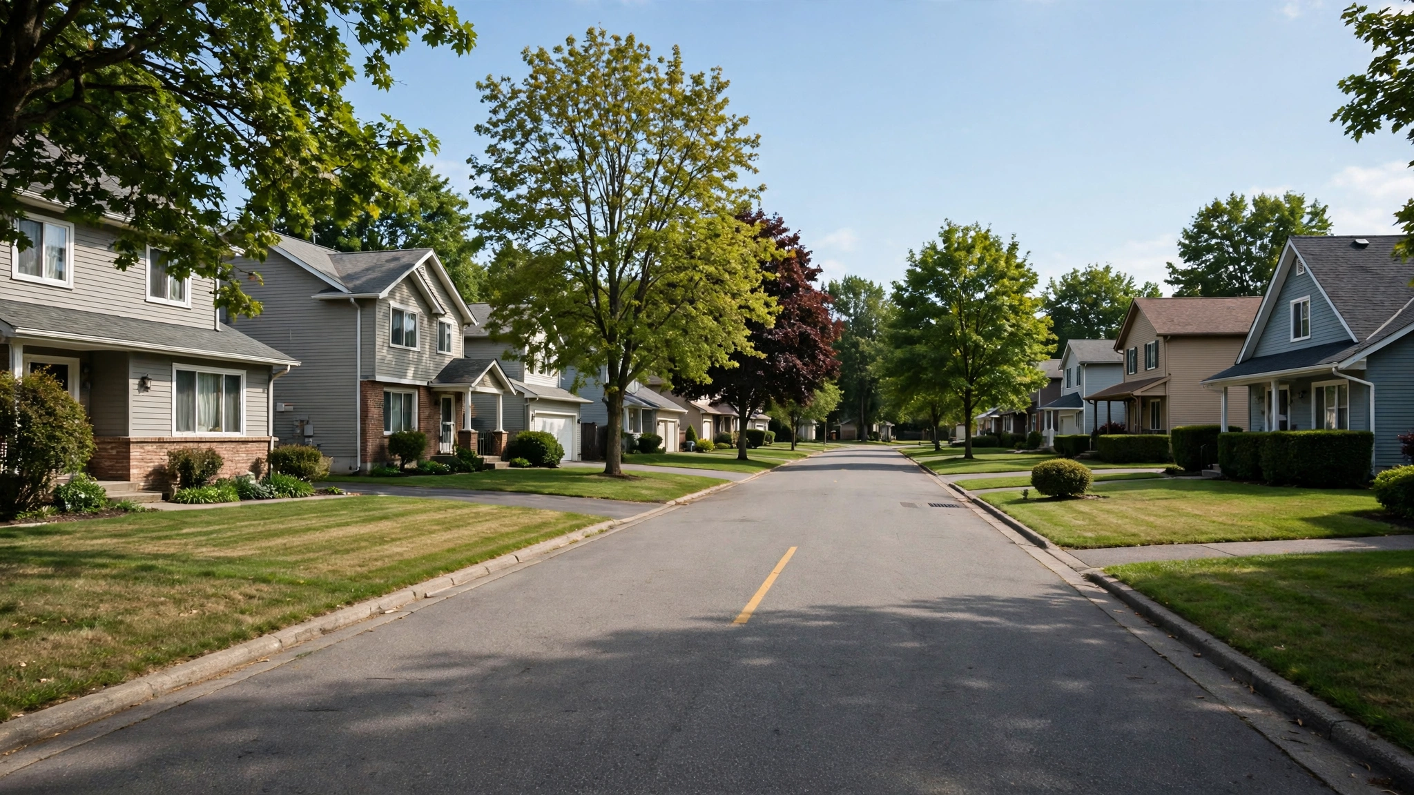 A quiet suburban street lined with detached houses and lawns in daylight