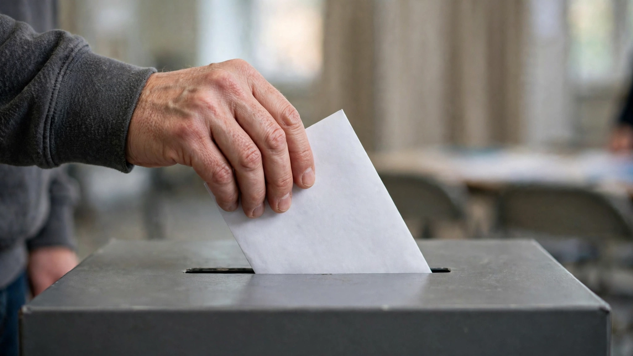 A hand placing a blank white ballot envelope into a gray ballot box