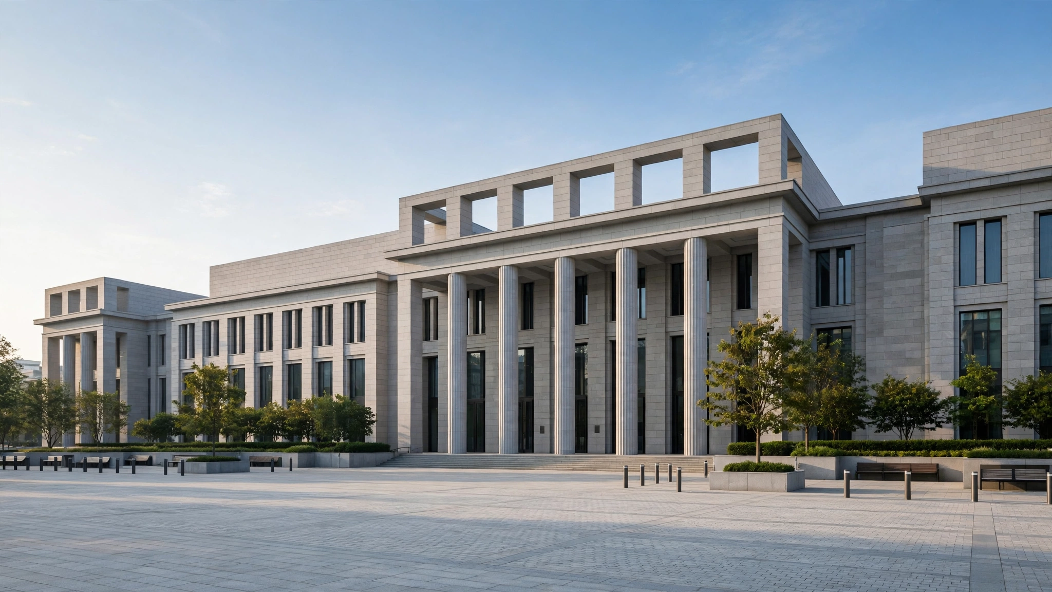 A modern stone parliament building with tall columns and an empty plaza in front