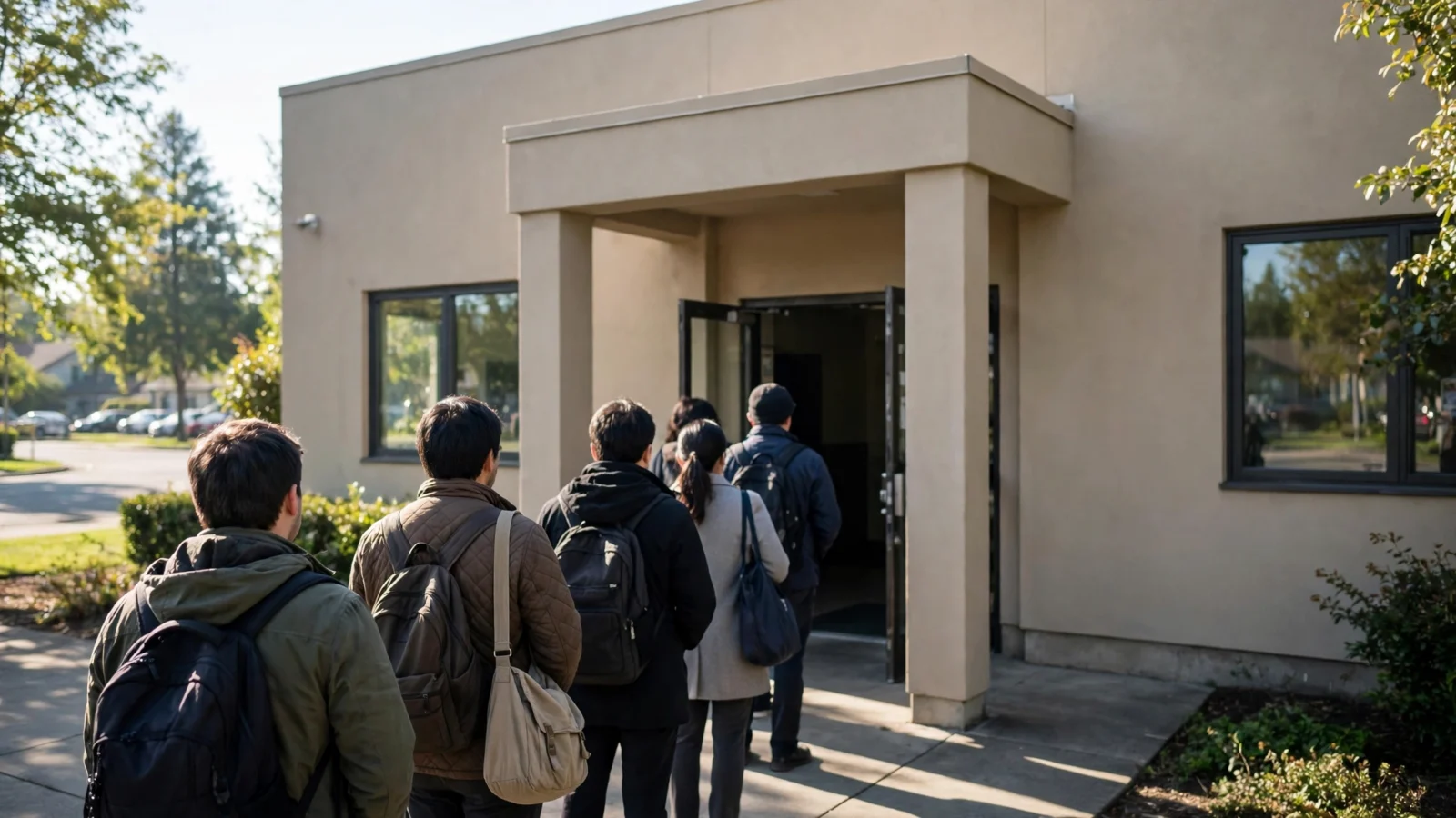 People waiting in line outside a plain public building used as a polling station on a sunny morning