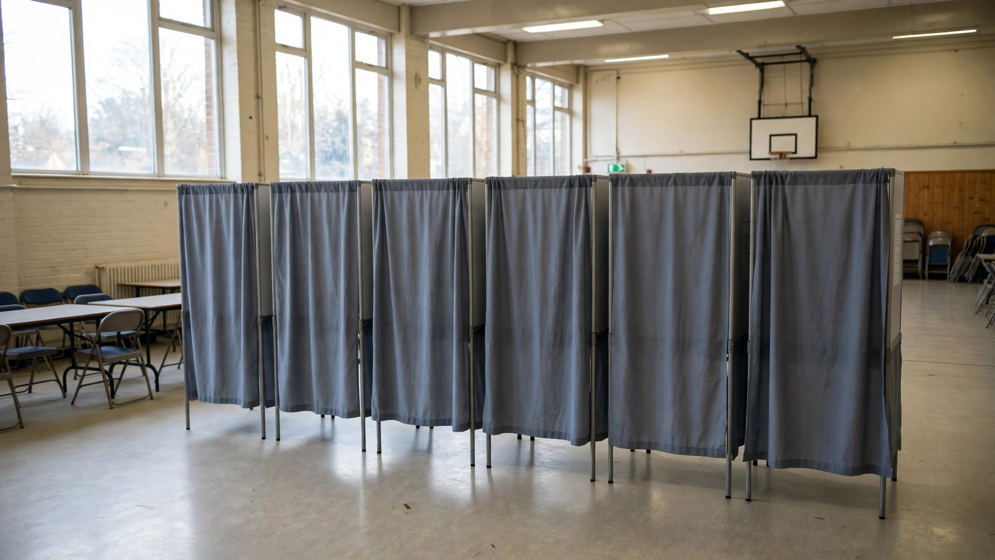 A row of curtained voting booths inside a bright school hall